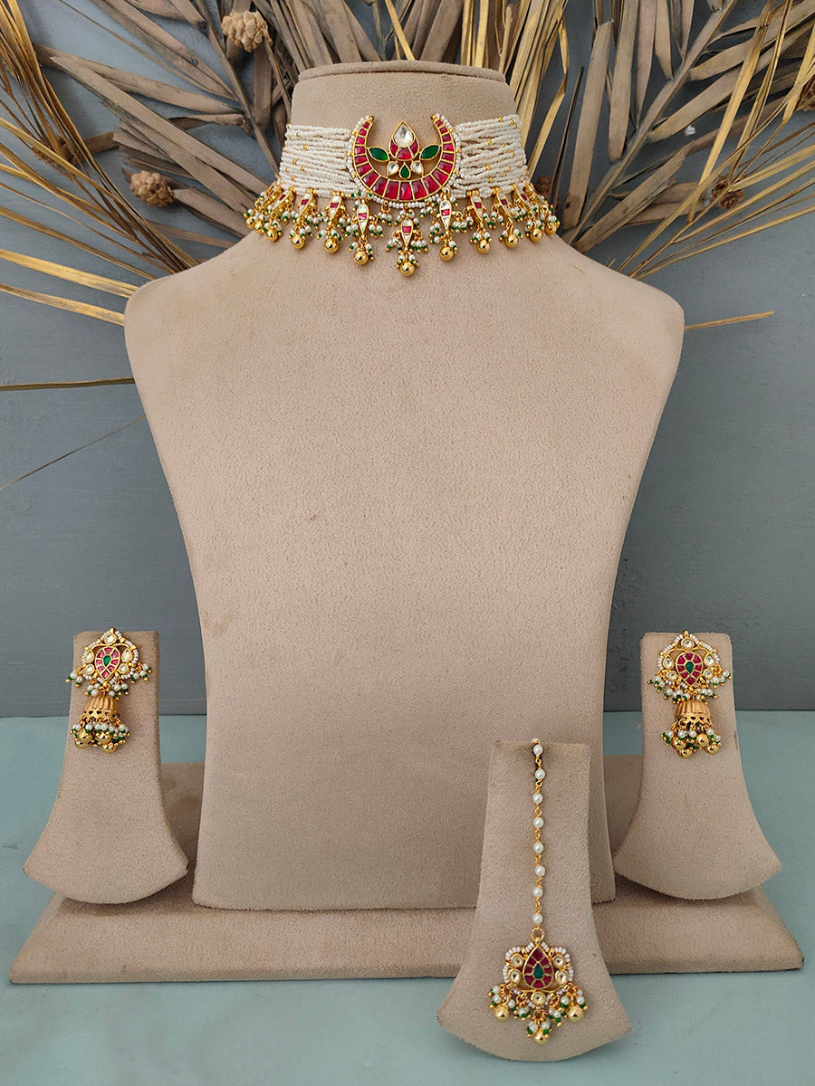 Amama,Jadau Kundan Necklace Set With Teeka - MS1331M