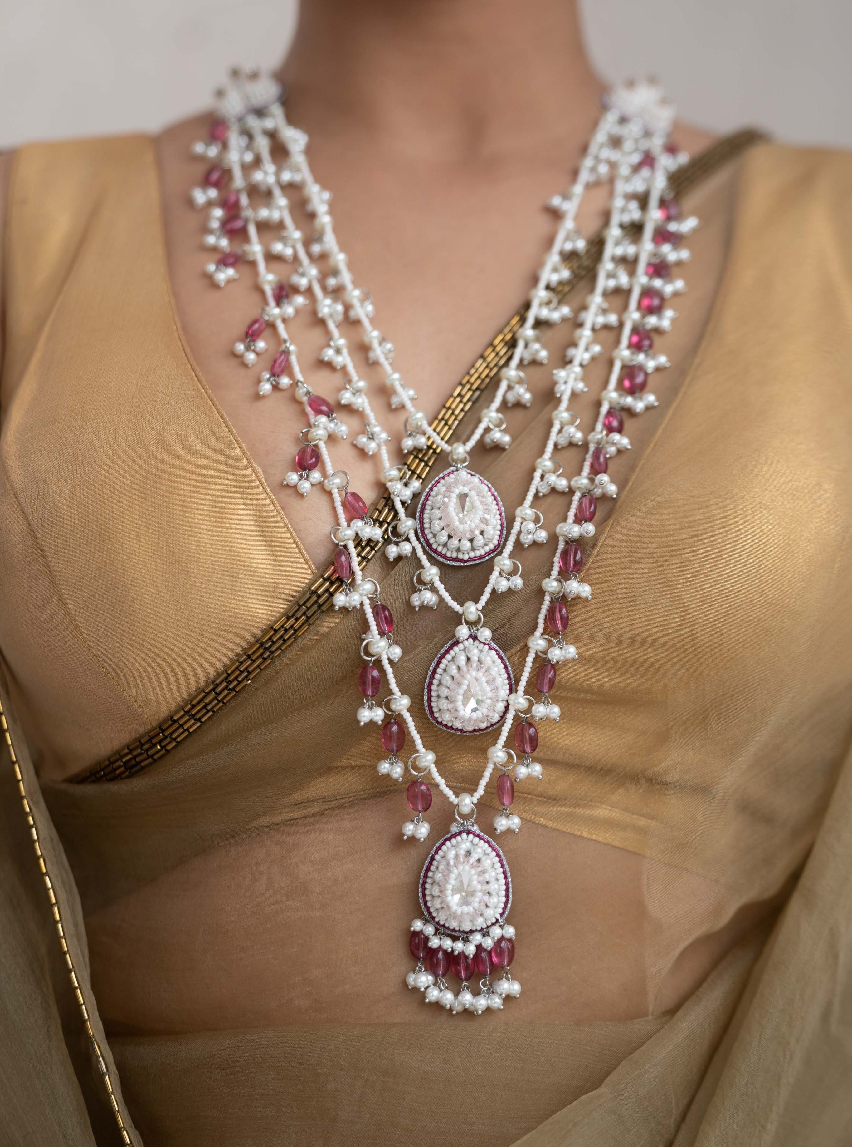 Amama,Trellis Layered Necklace in Pink Quartz