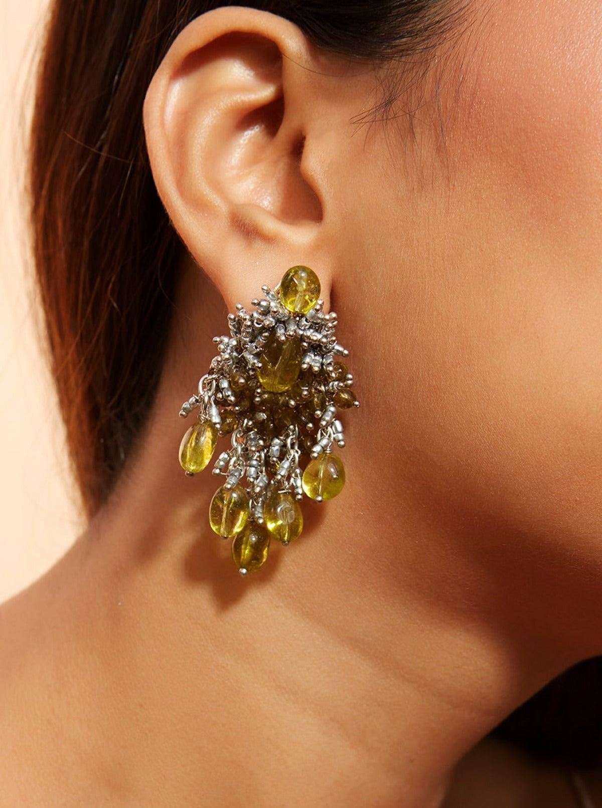 Amama,Olive Green Stone Drop Stud Earrings