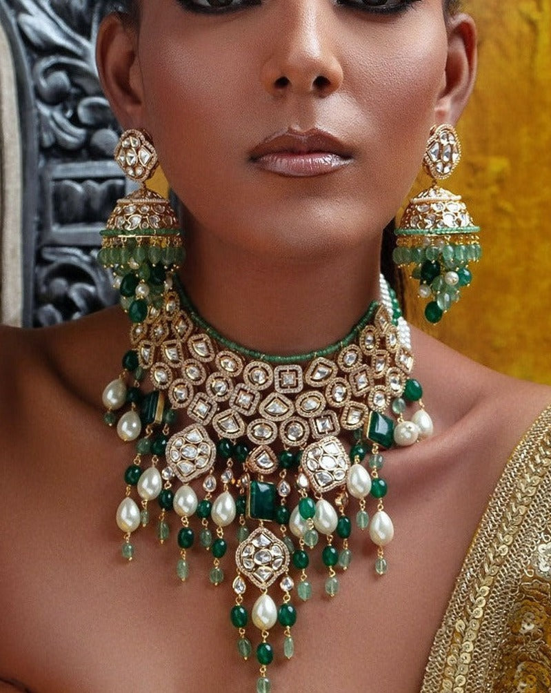 Bridal Necklace Set With Jades & Pearl Drops