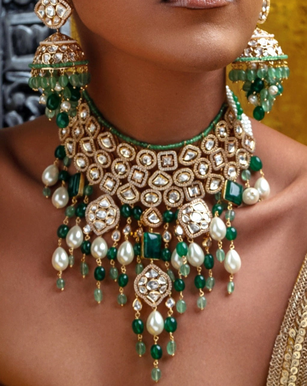 Bridal Necklace Set With Jades & Pearl Drops