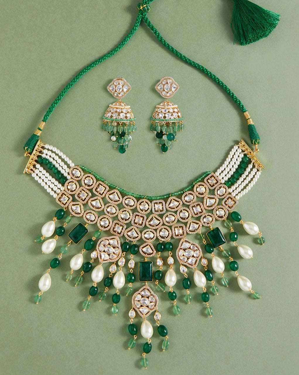 Bridal Necklace Set With Jades & Pearl Drops