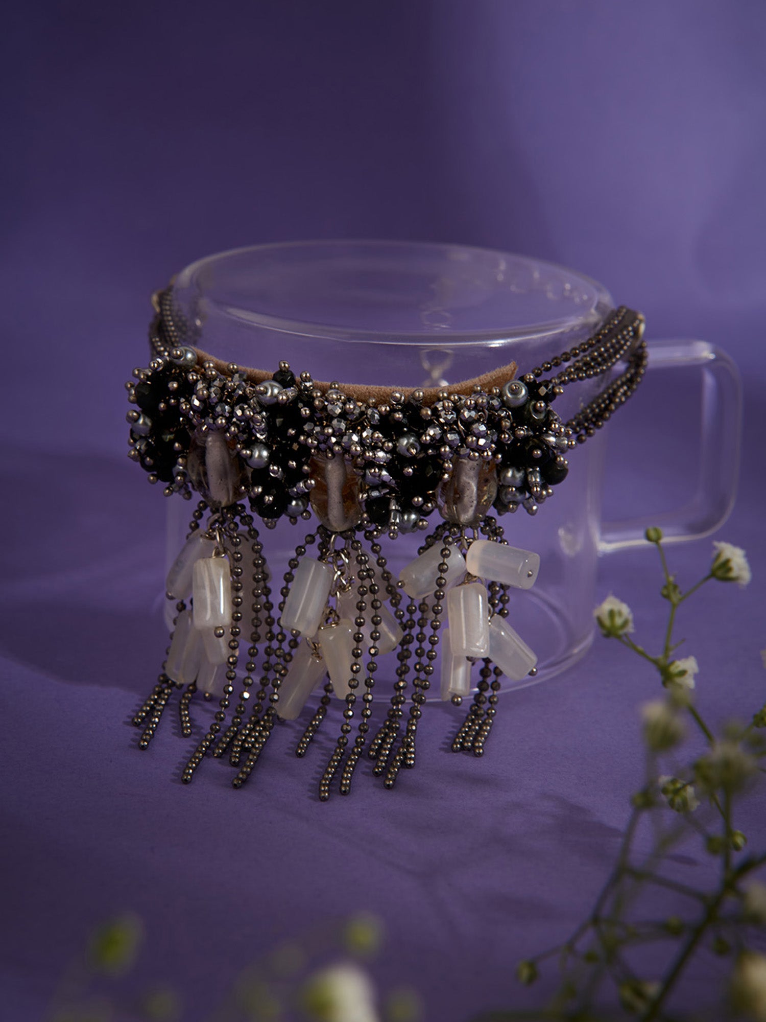 Amama,Designer Bracelet With Black And Silver Stones