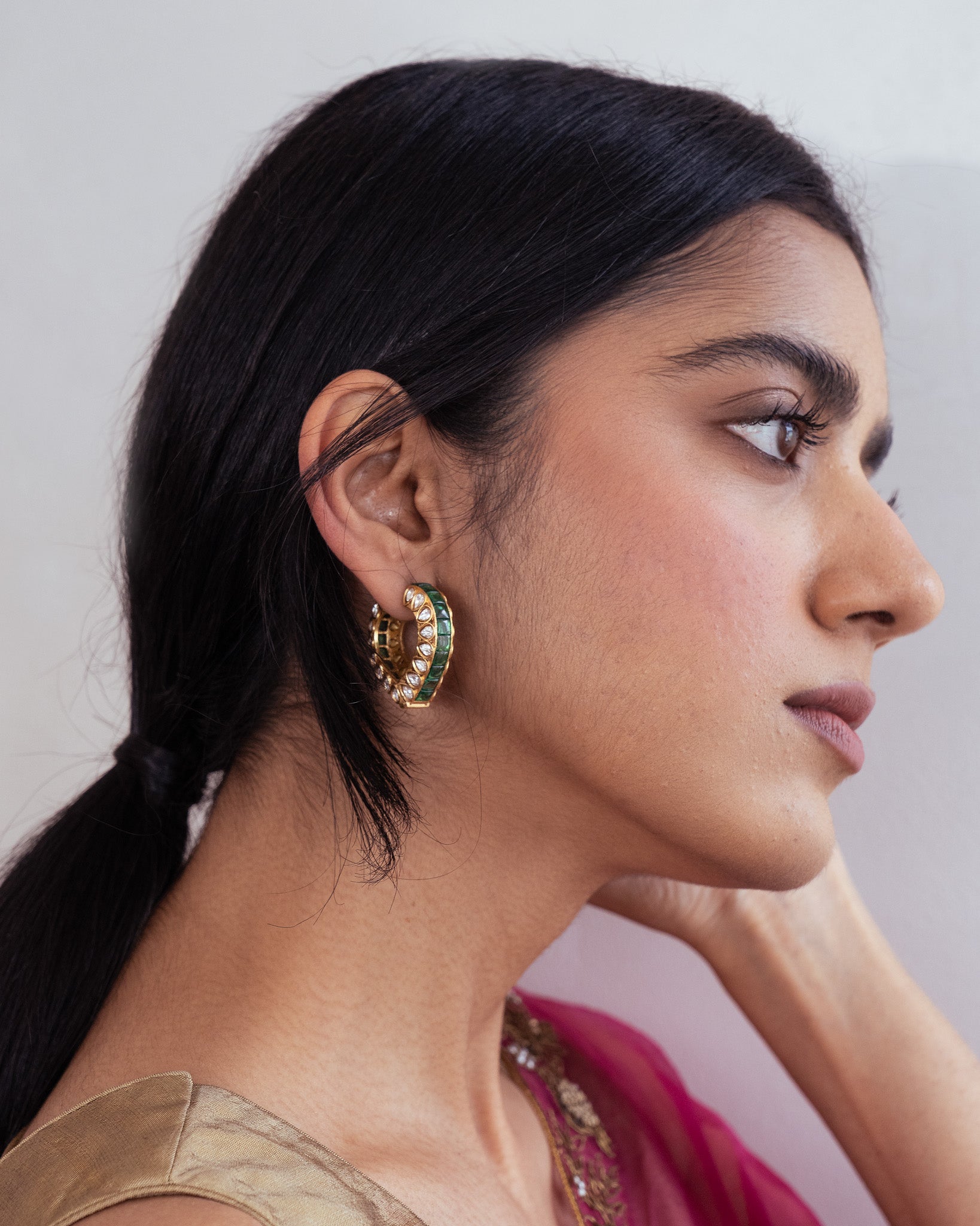 Emerald Green Kundan Hoops