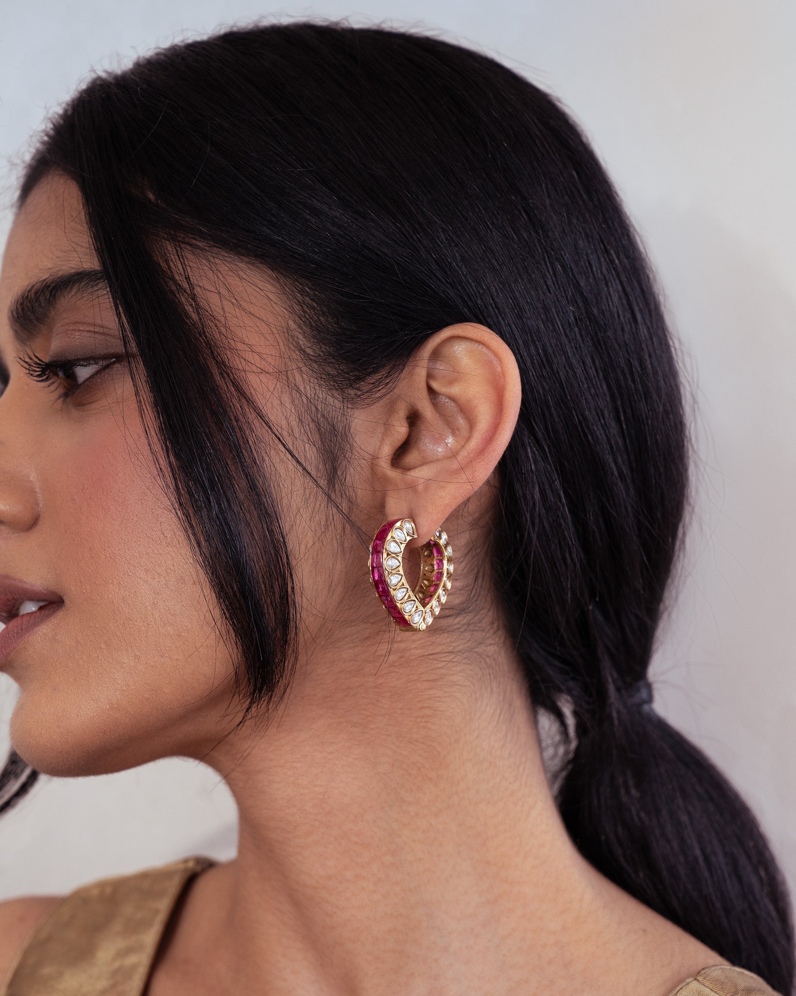 Ruby Red Kundan Hoops