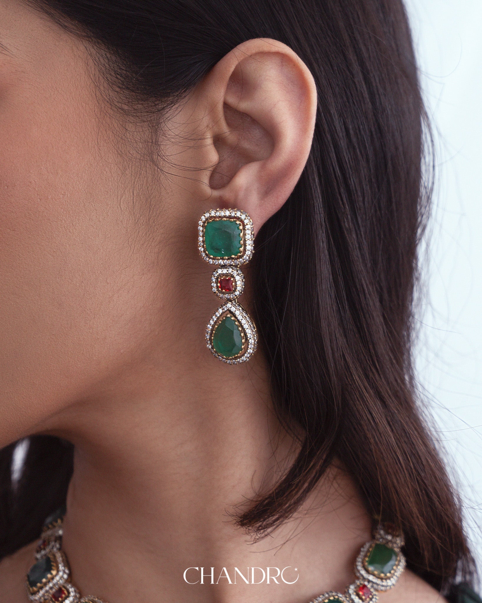 Emerald 925 Silver Moissanite Gold Plated Necklace Set