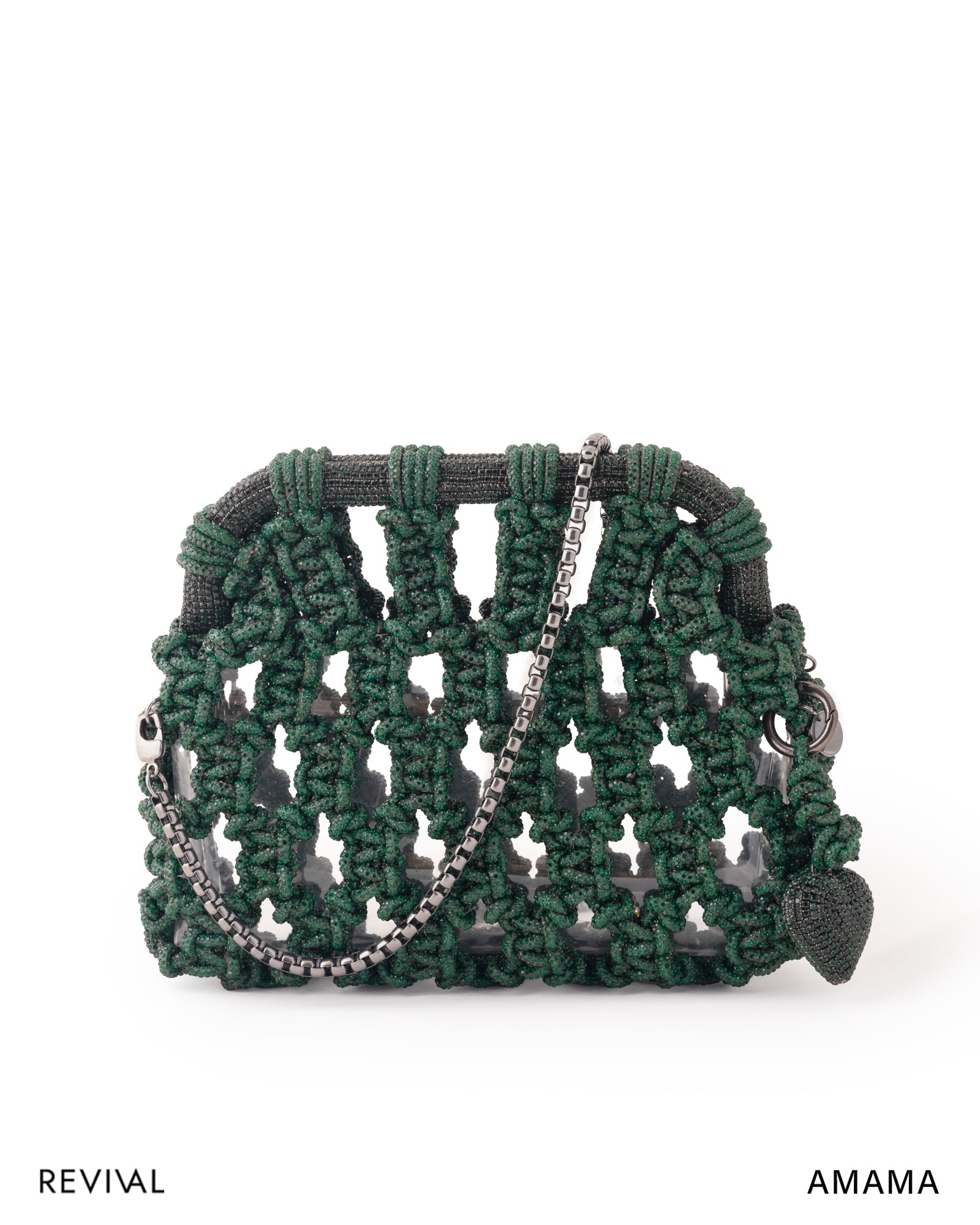 A forest green plaided clutch with a chain strap, displayed against a white background.