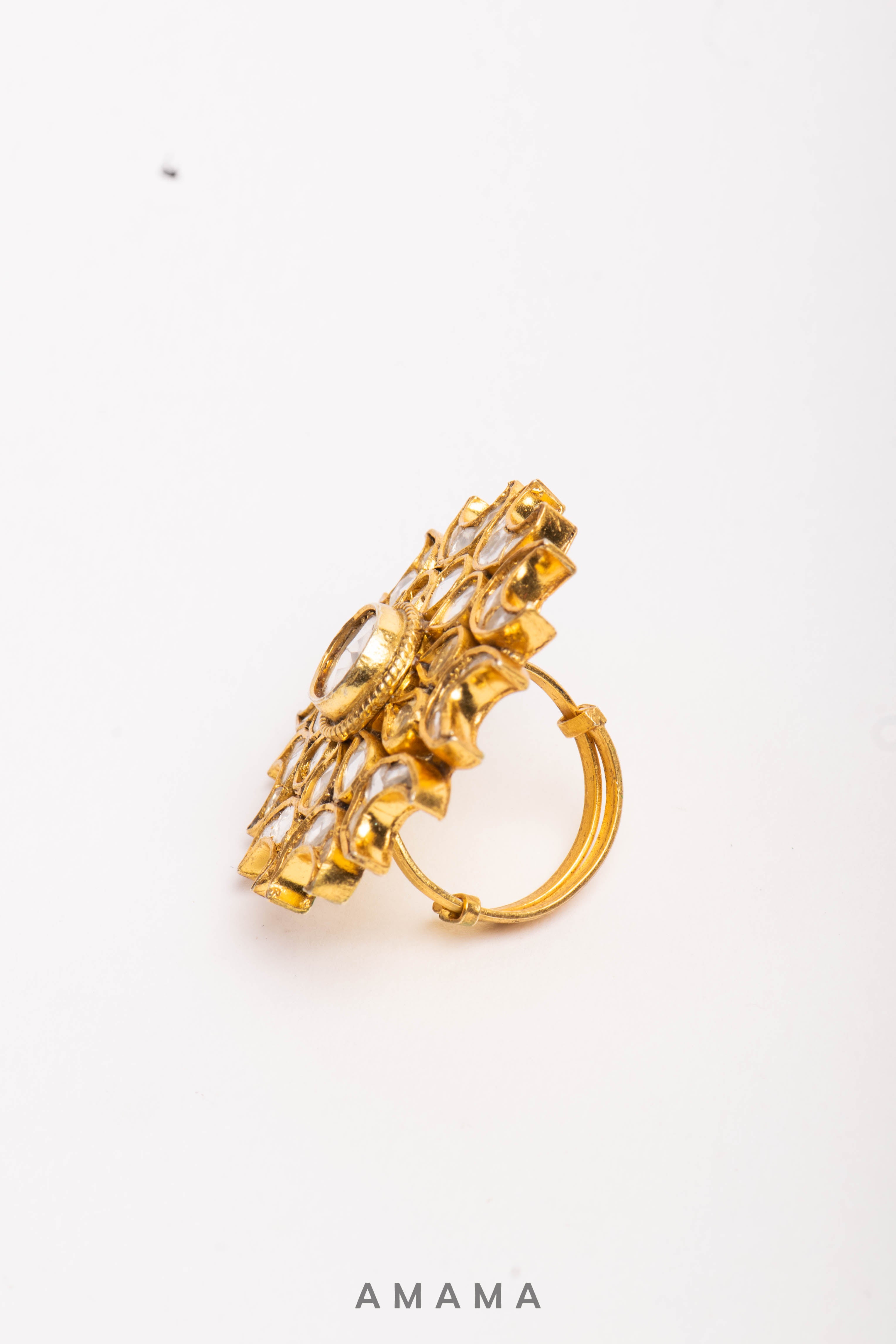Amama,Festive Kundan Gold Polish Silver Moon Ring