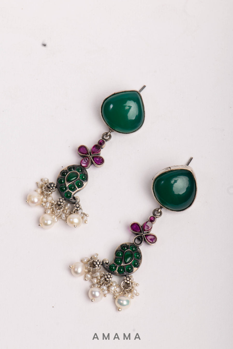 Nrityam Paisley Green Stone Silver Neckpiece & Earrings Set