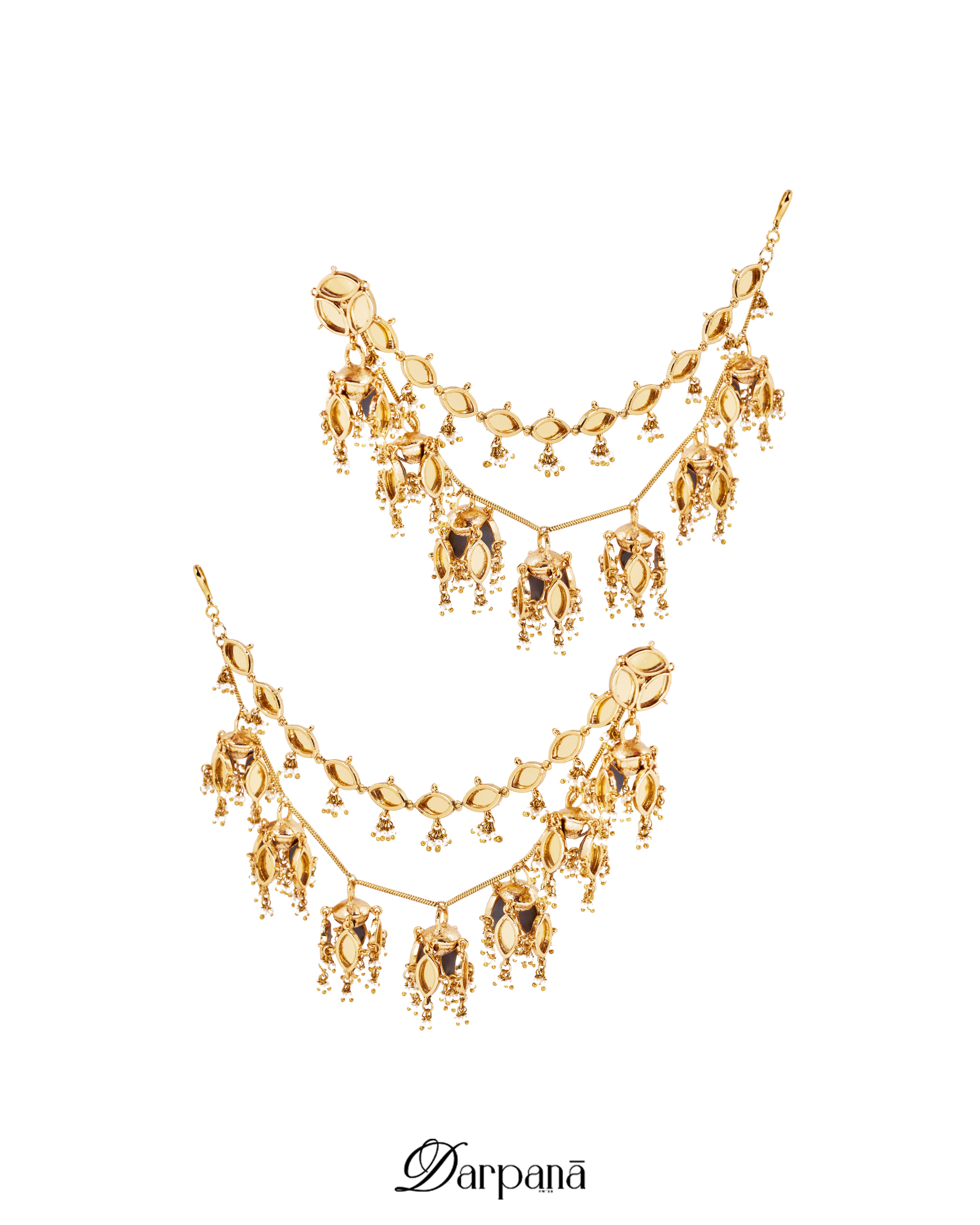 Gold necklace with intricate designs on a white background, featuring the brand 'Darpana'.