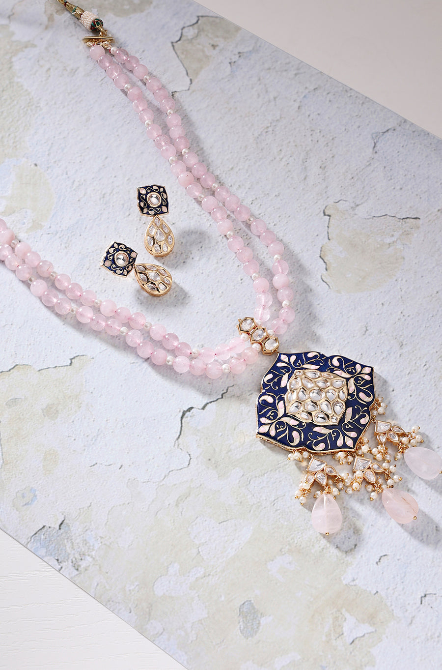 Pink Beaded Necklace Set With Royal Blue Enamalling