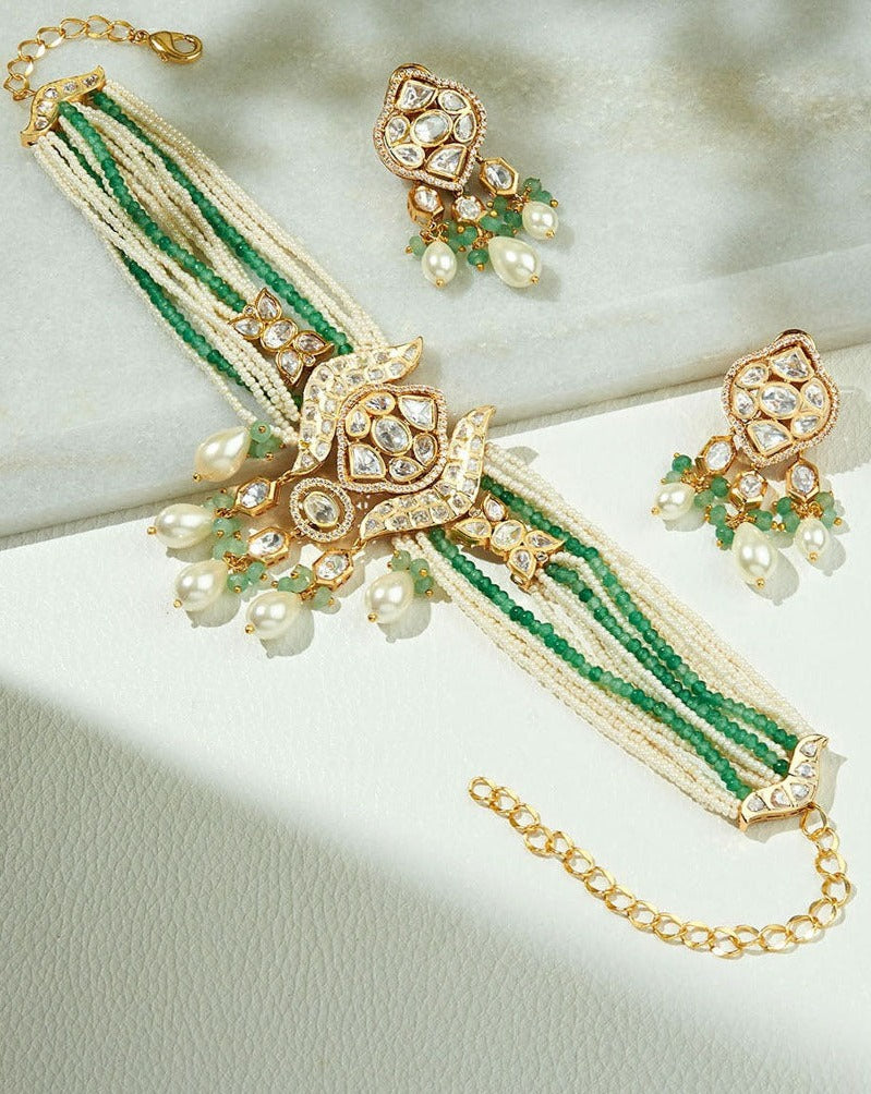 Elegant White & Green Necklace Set
