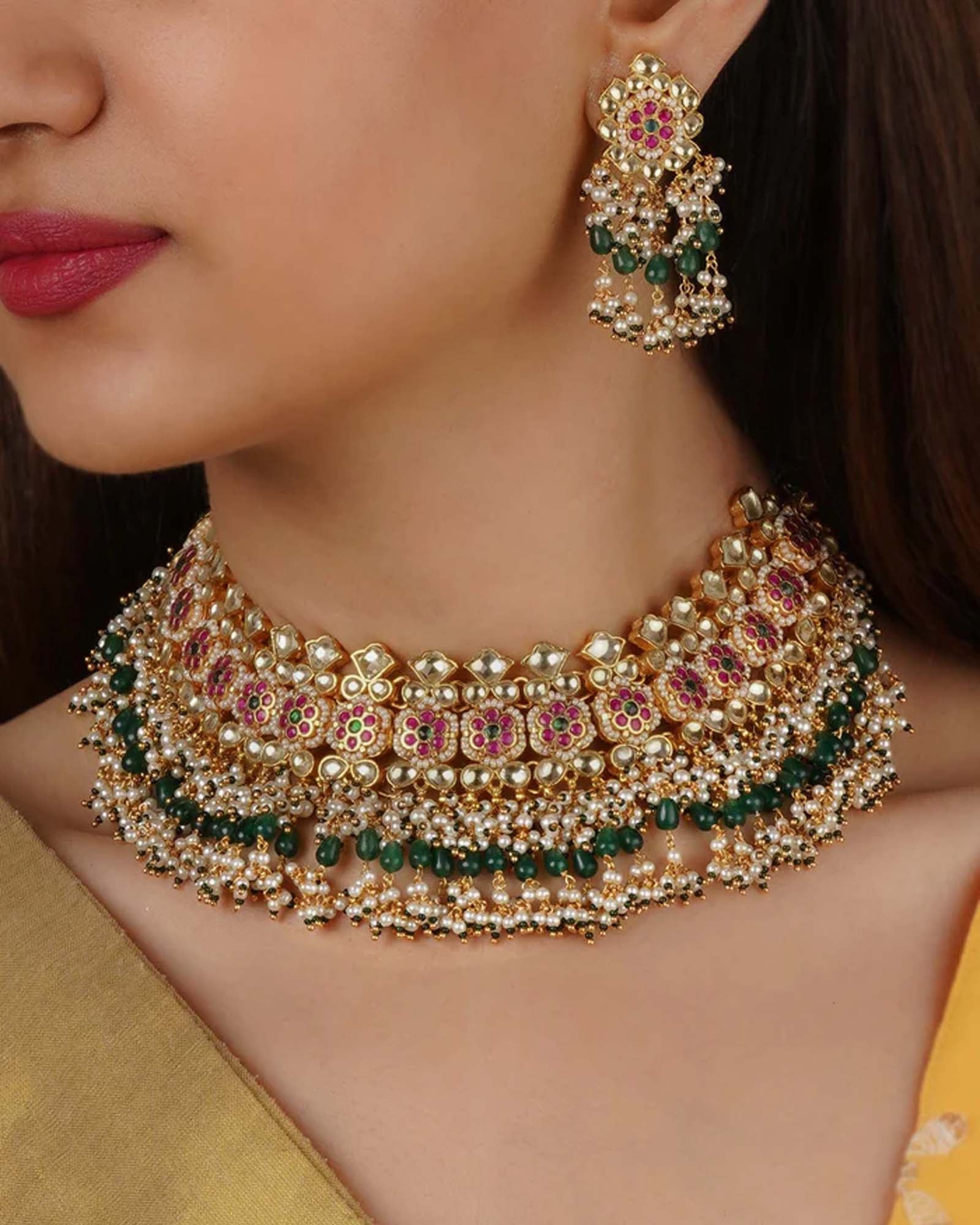 Jadau Jewellery 925 Silver Gold Plated Necklace Gold Plated Jadau Kundan  Necklace Set MS2045