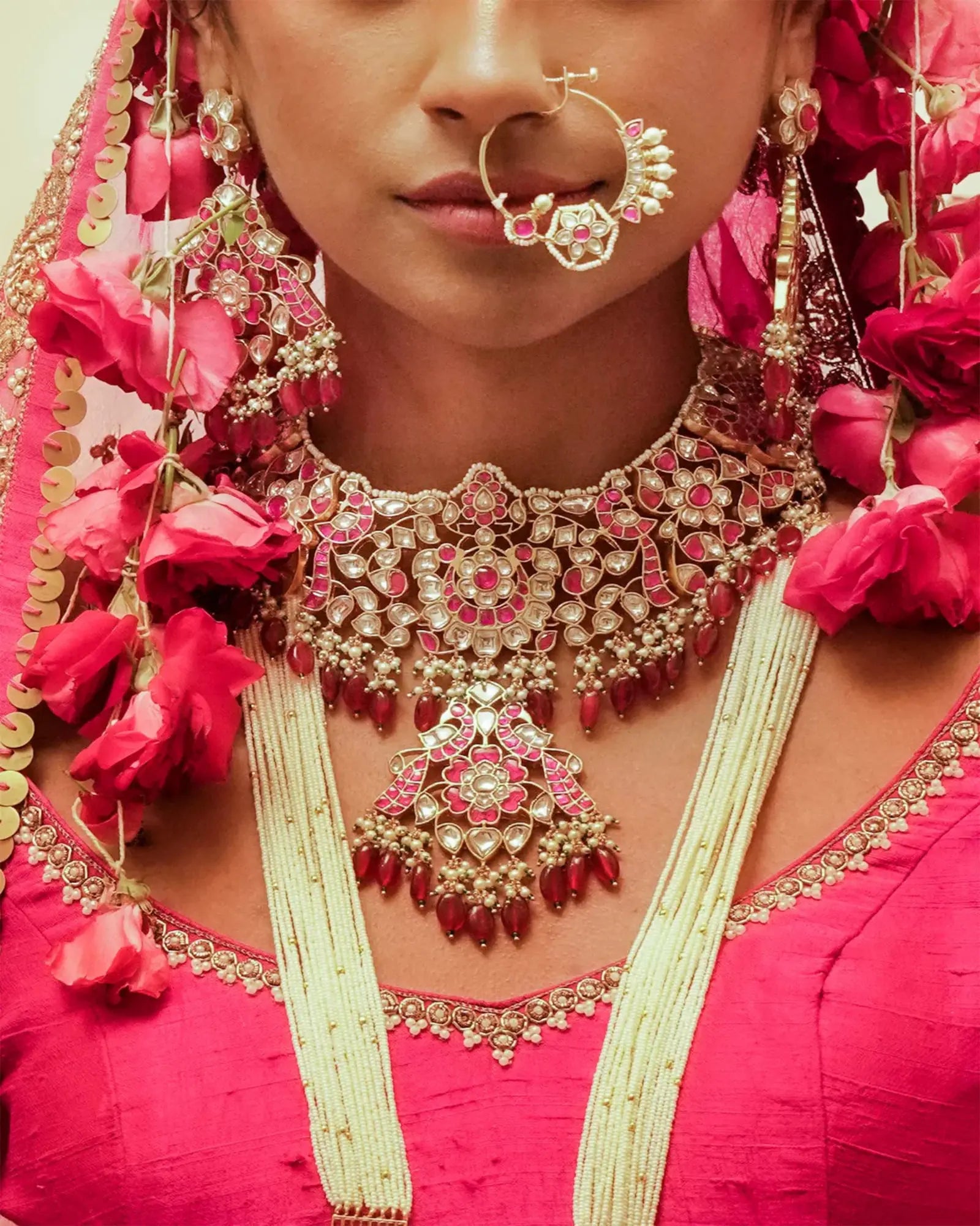 Indian Bridal Set Jewelry Red Color With Pearl Pink Color Gold