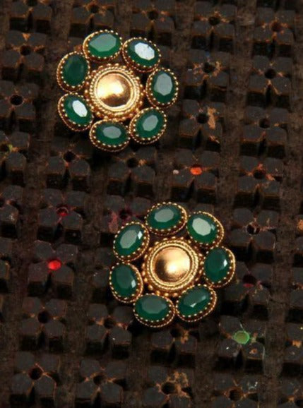 Amama,Gold Toned Studs Earrings With Green Crystal