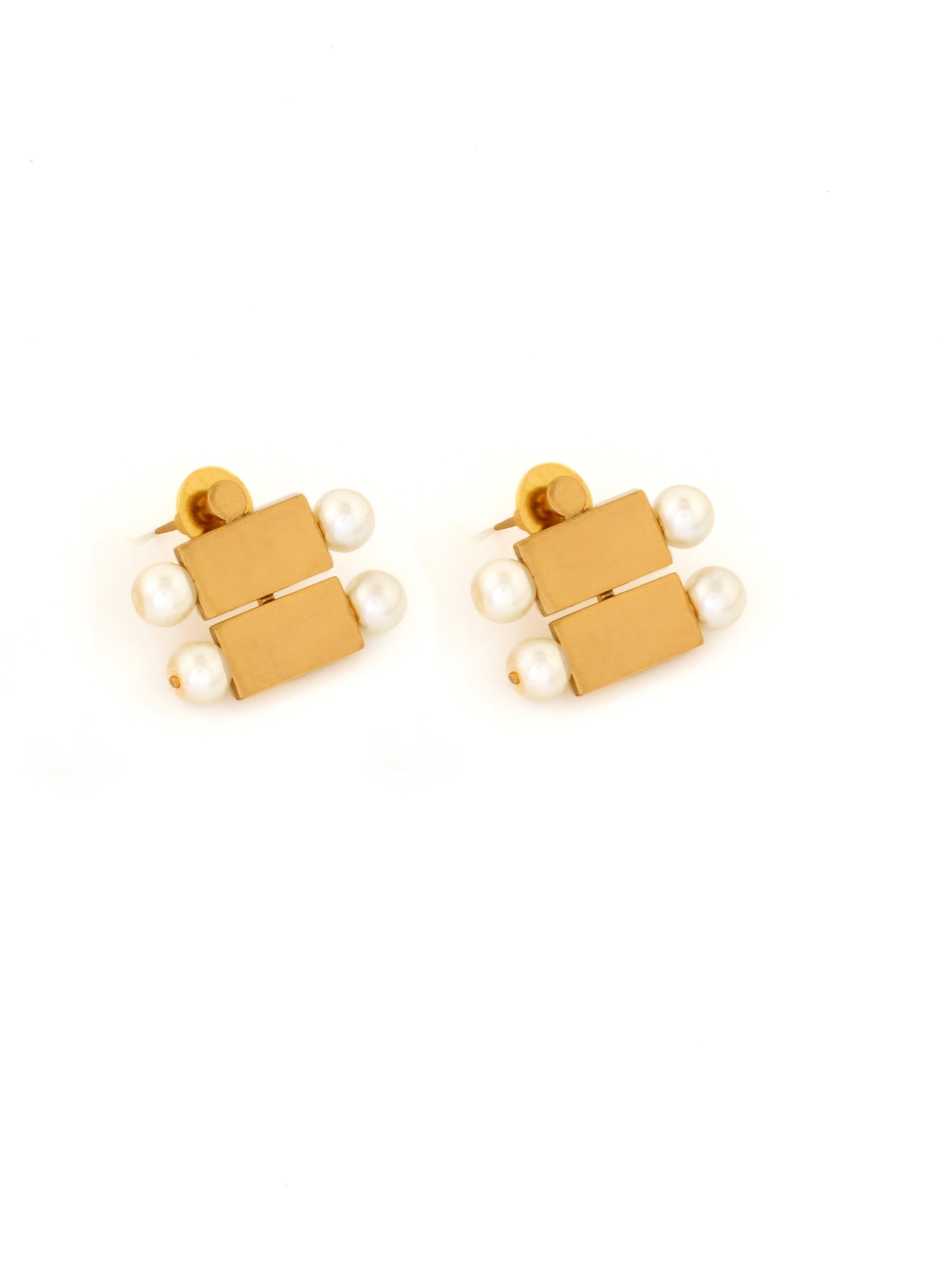 Amama,Gold Toned Brick And Pearl Stacked Duo Stud Earrings