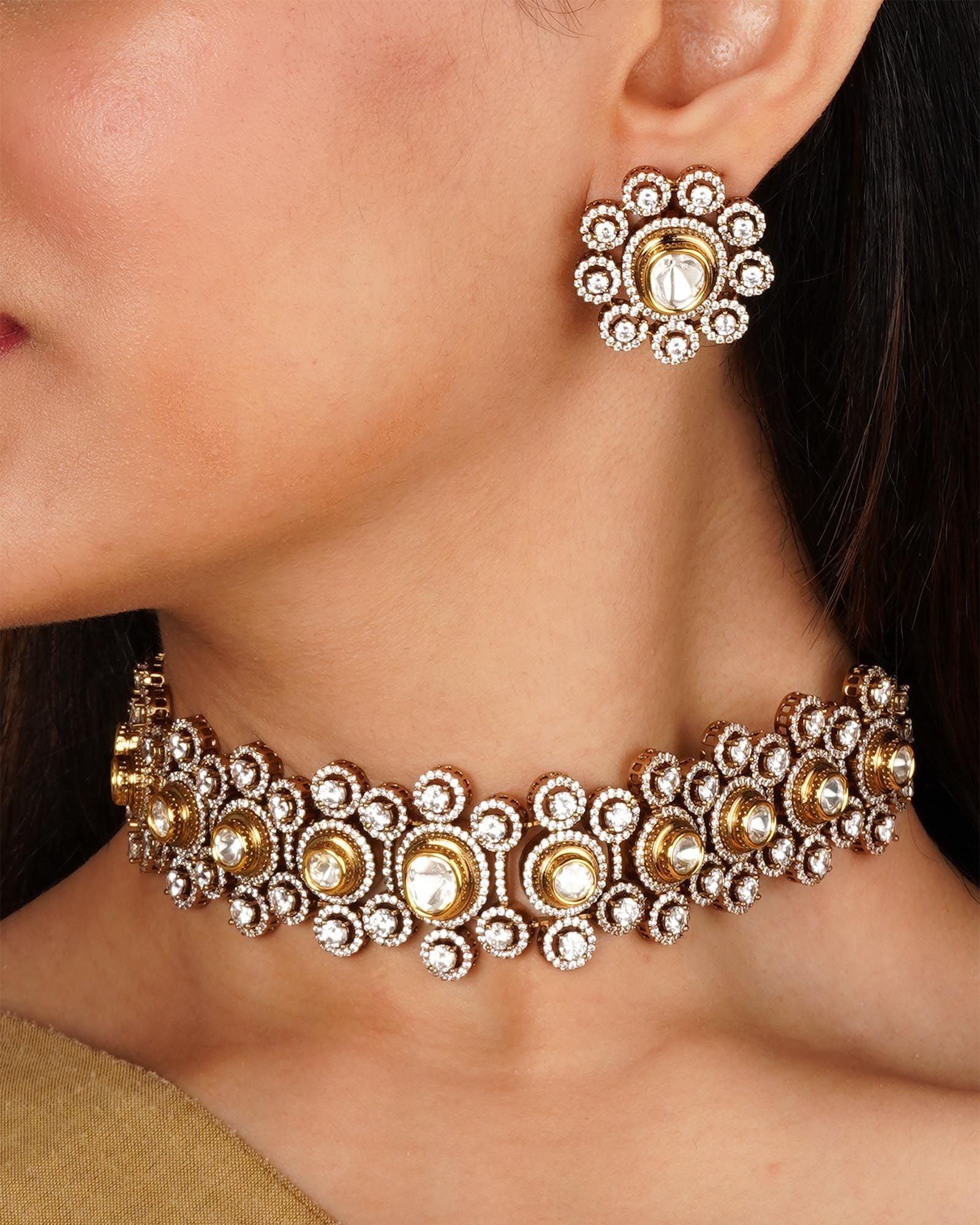 White Color Gold Plated Moissanite Necklace Set MO-S110