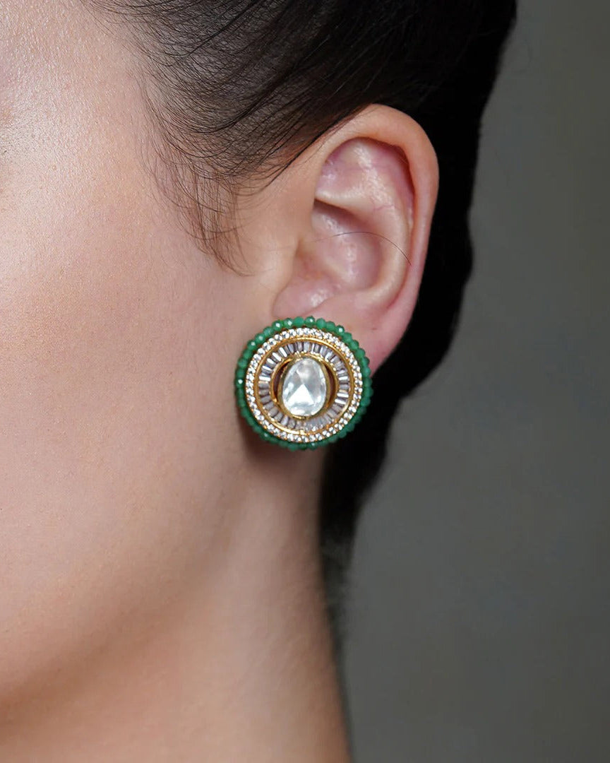 Emerald Halo Polki Stud Earrings