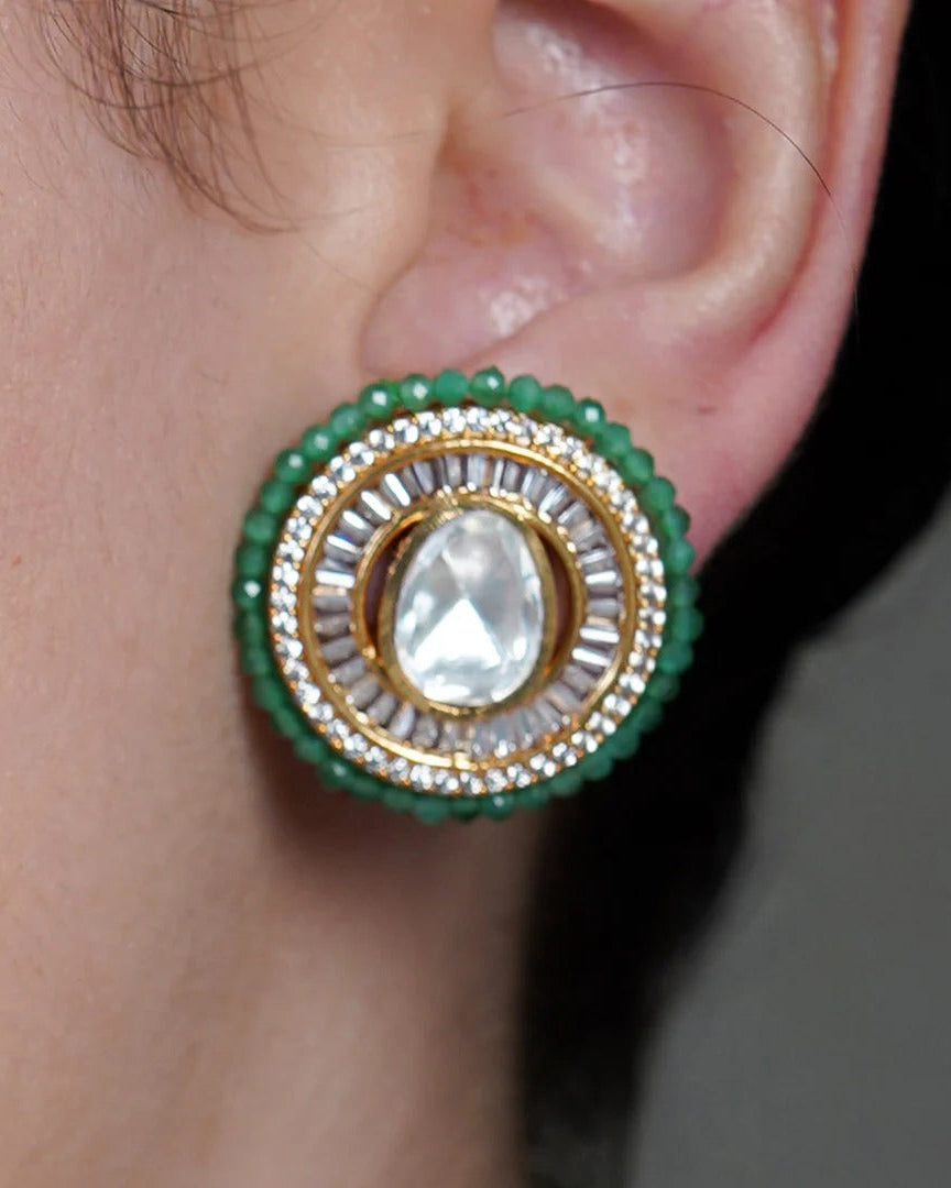 Emerald Halo Polki Stud Earrings
