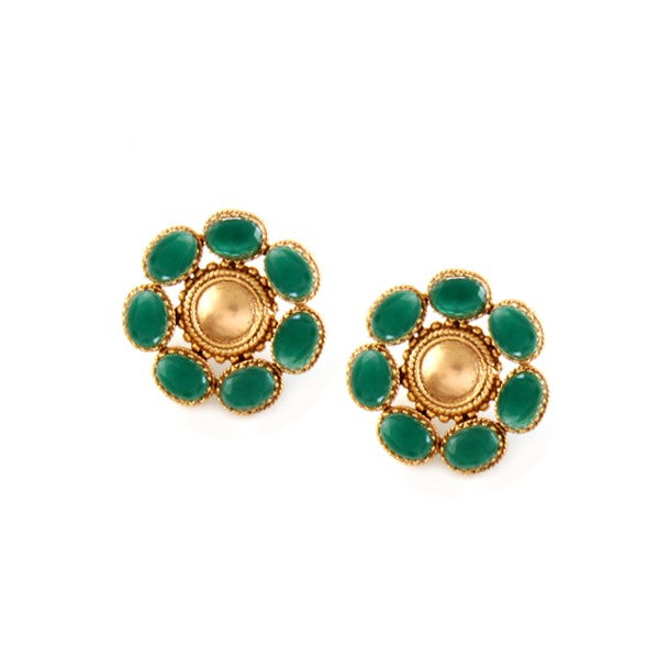 Amama,Gold Toned Studs Earrings With Green Crystal