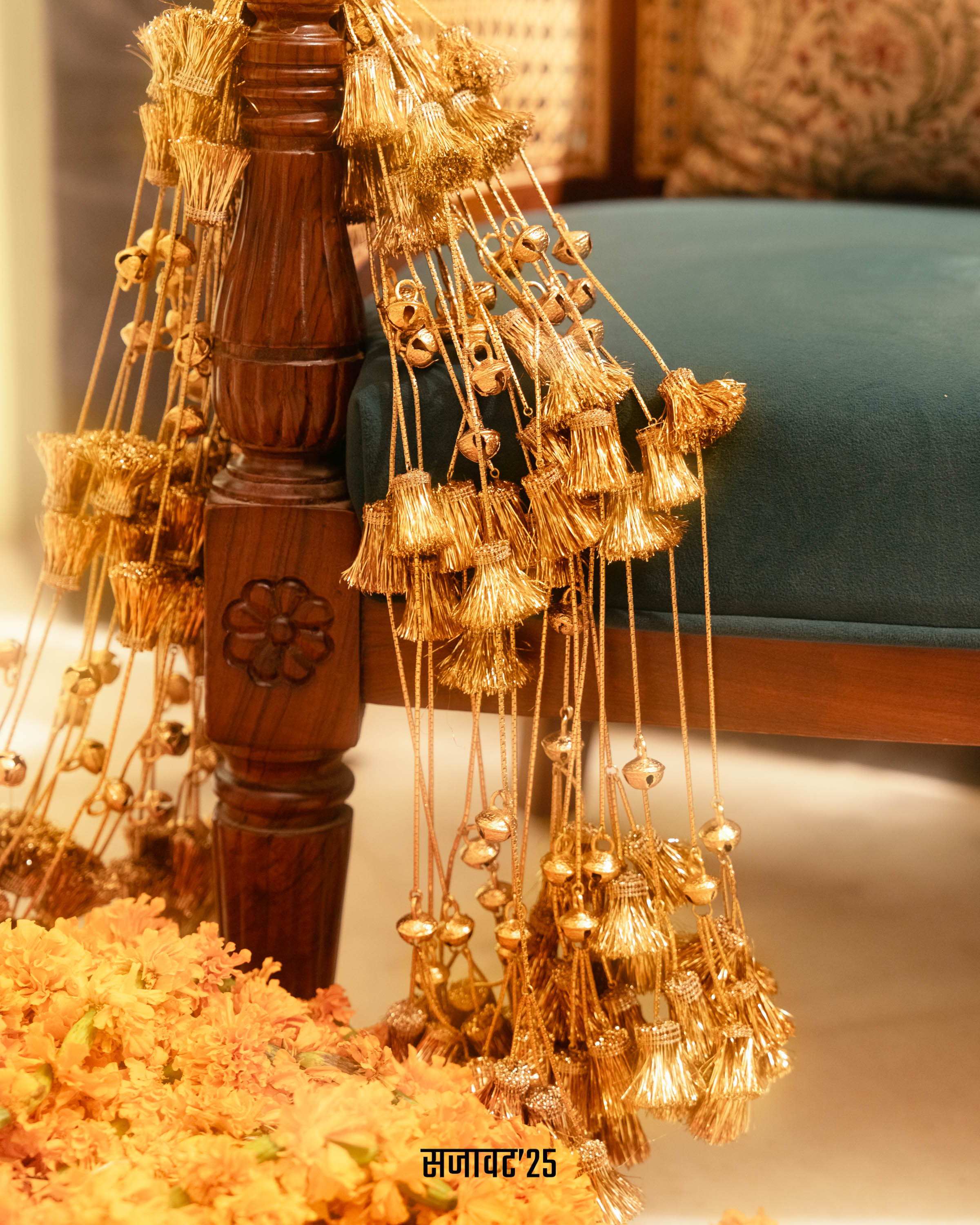 Elevate your space with Amama X PHL limited edition. Featuring gold floral motifs with mirror work and pearl accents, it is handcrafted to make homes feel warm, festive, and welcoming for every occasion 