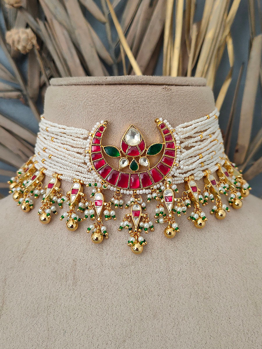 Amama,Jadau Kundan Necklace Set With Teeka