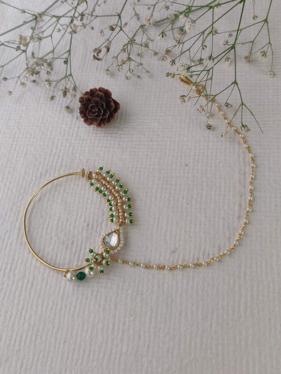 Amama,Green Pearl Work Jadau Gold Plated Nose Ring