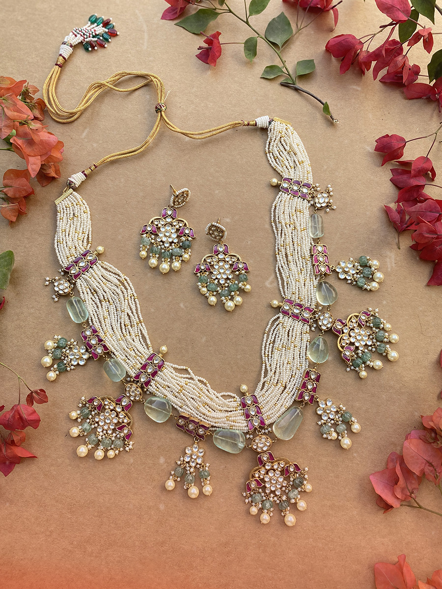 Pink Gold Plated Jadau Necklace Set With Muskmelon Beads Hanging - MS937