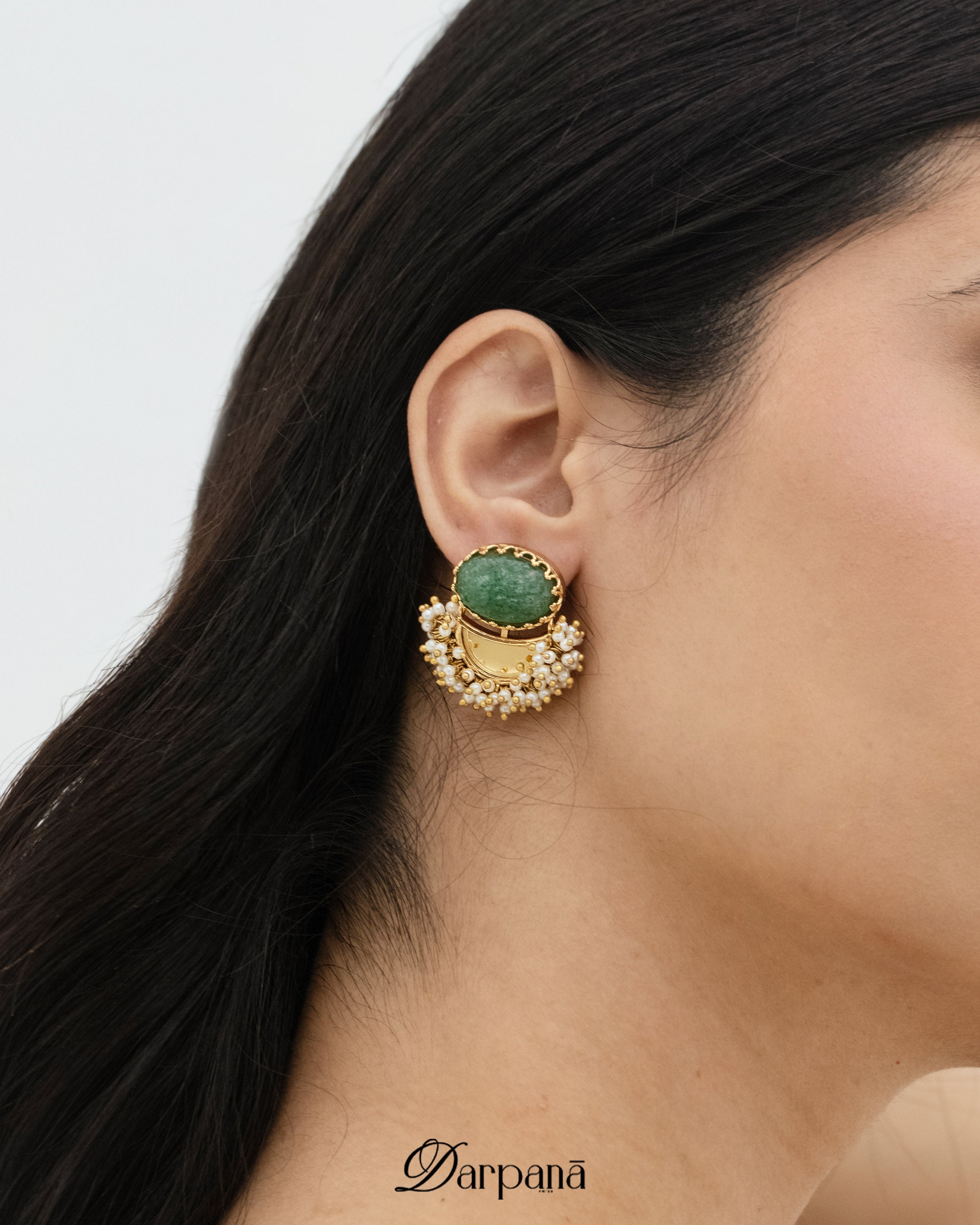 Surya Darpan Studs in Green Onyx