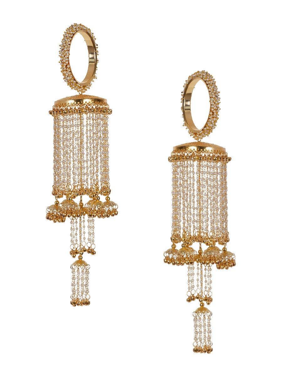 Amama,Clustered Pearl Bangles Multiple Jhumkis Pearl Strings Gold Plated Kaleere