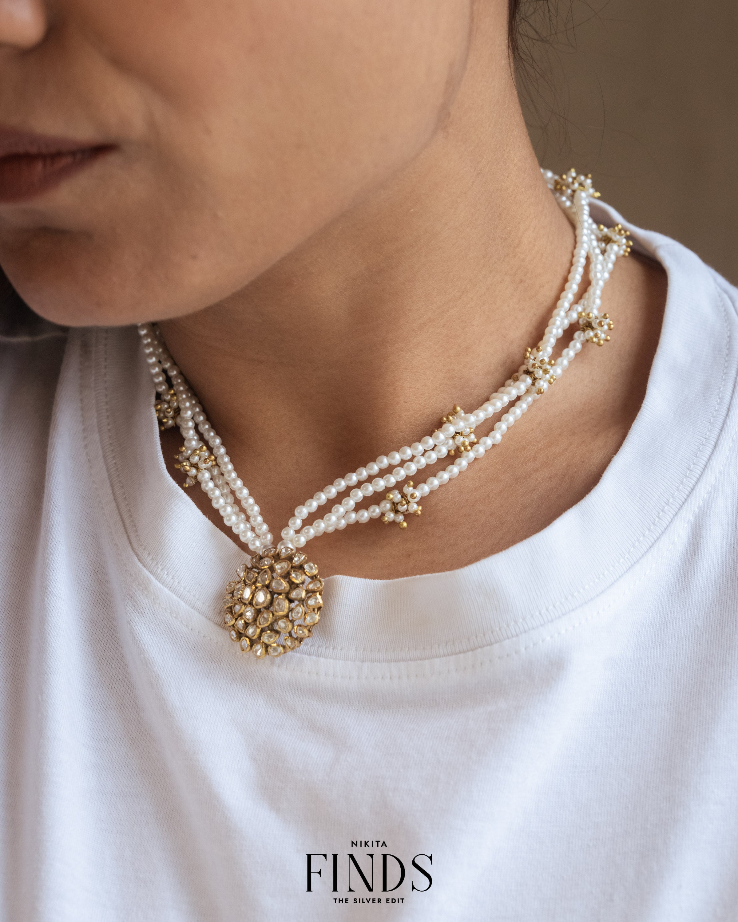 Siki 925 Silver Moissanite Gold Plated Pearl Necklace