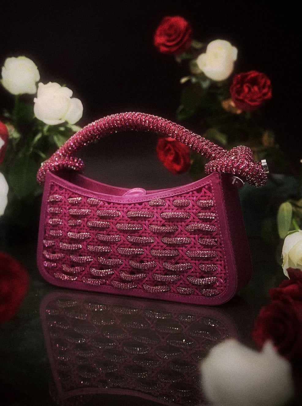 Amama,Tortile Woven Top Handle Bag in Hot Pink
