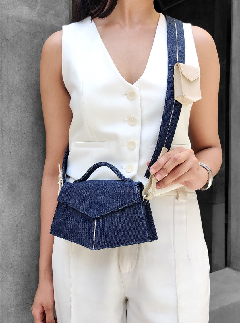 Amama,Kendal Handbag In Denim Blue And Ivory