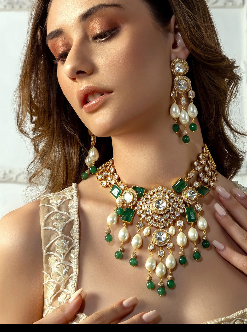 Amama,Bridal Necklace Set With Green Jades & Pearls