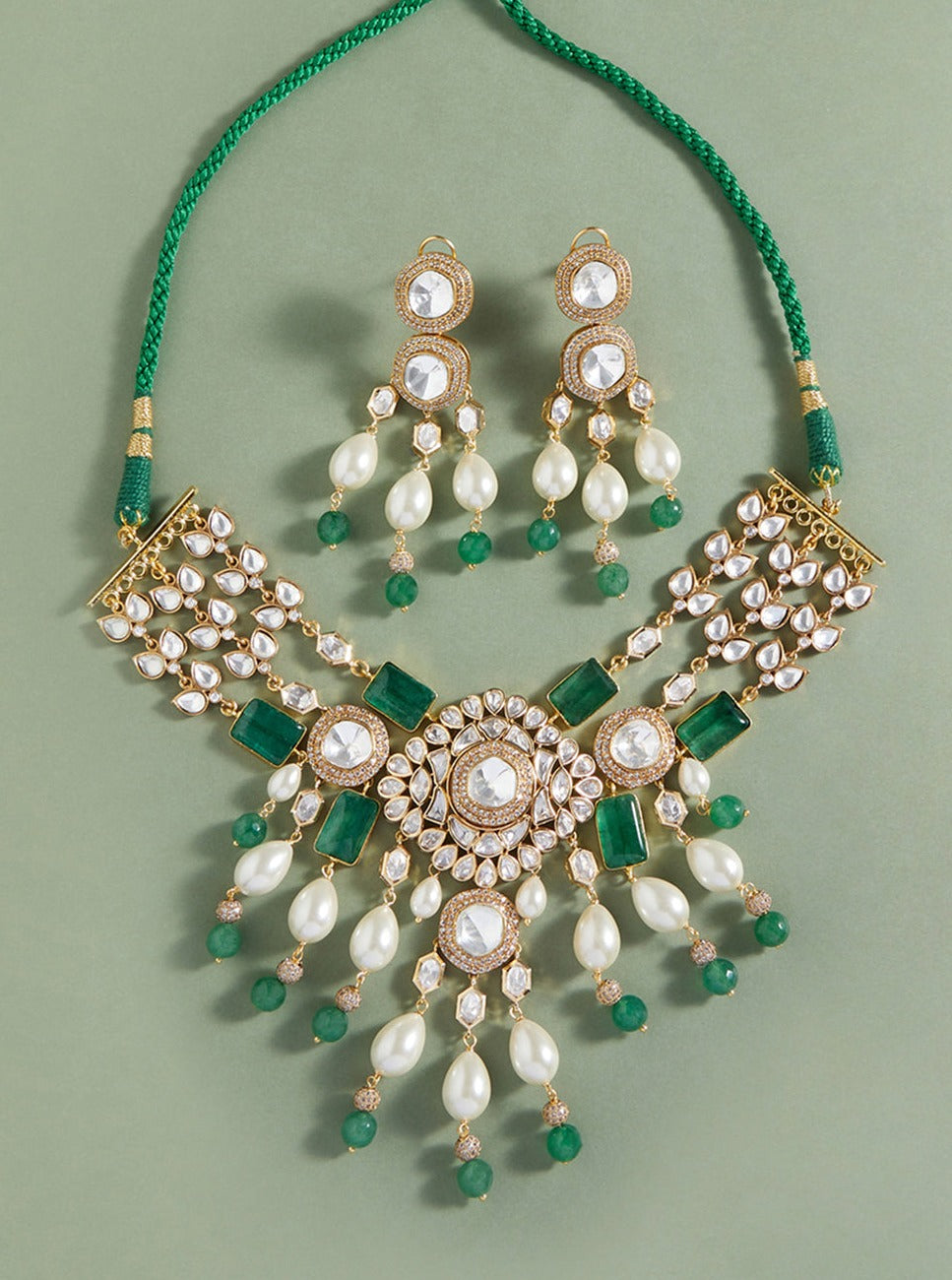Amama,Bridal Necklace Set With Green Jades & Pearls
