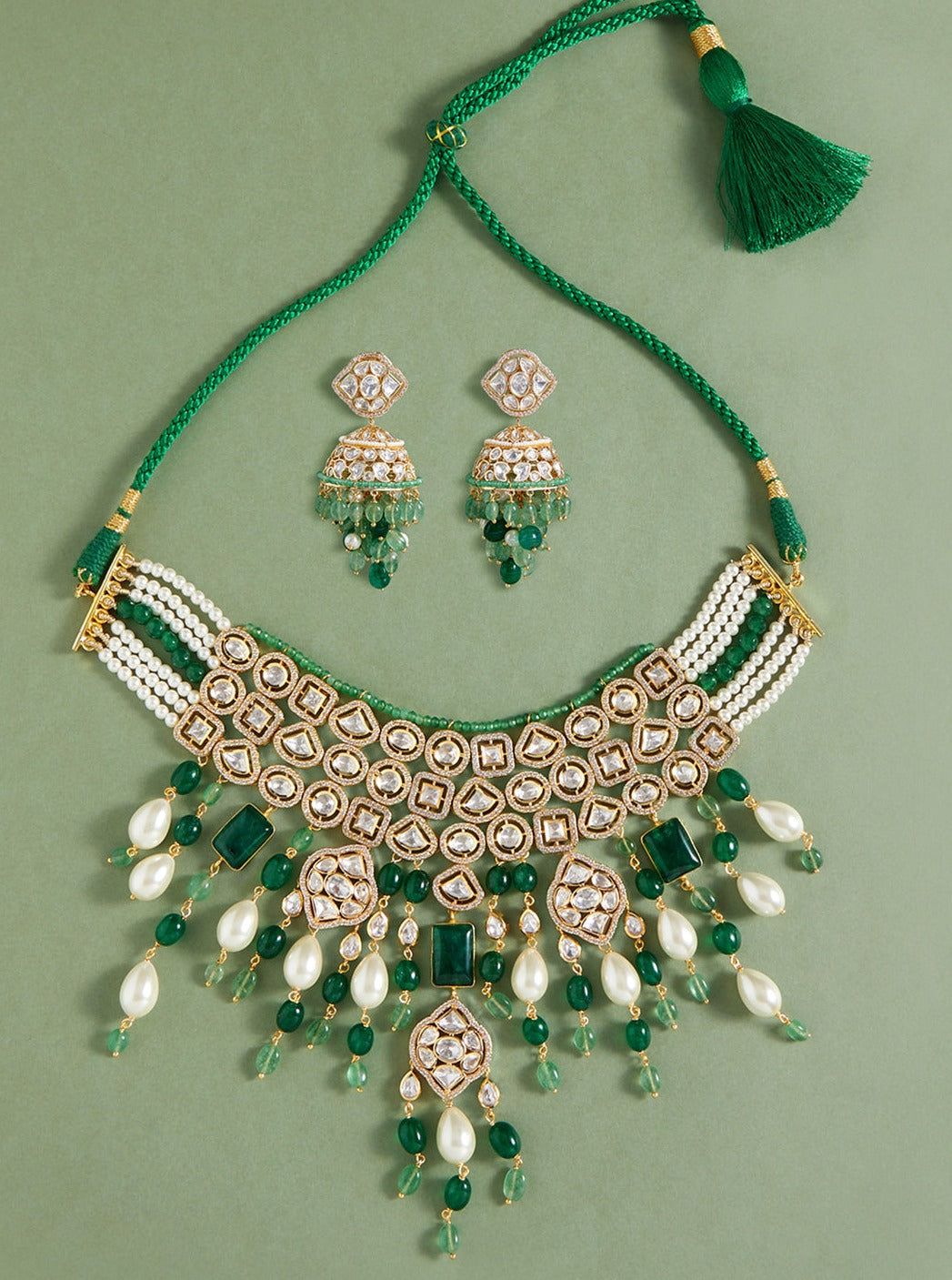 Amama,Bridal Necklace Set With Jades & Pearl Drops