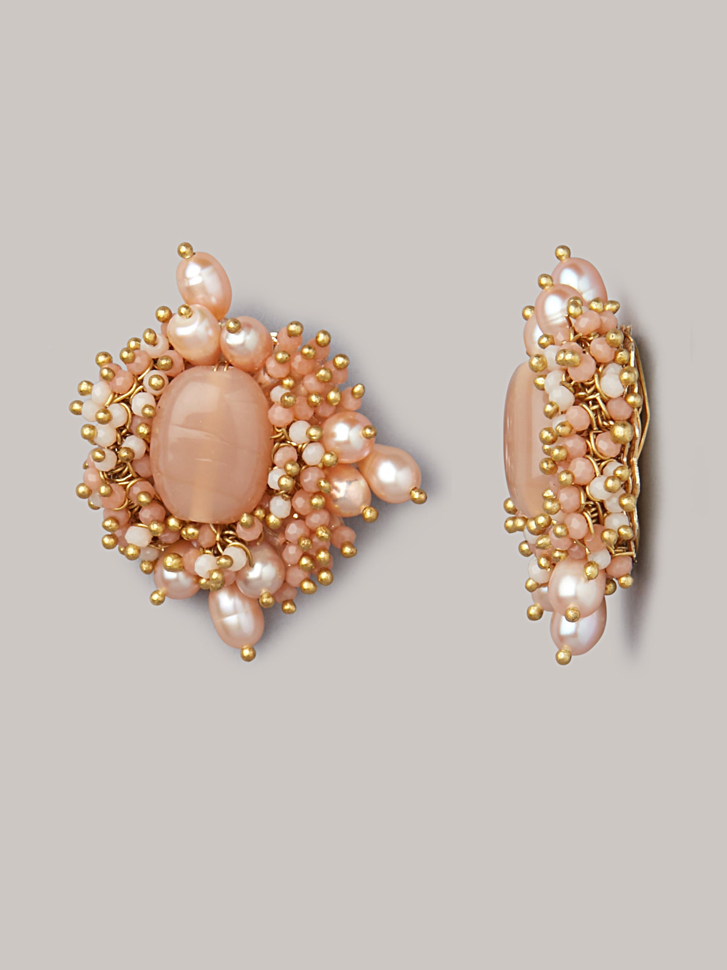 Amama,Statement Peach Stone Earrings With Fresh Water Pearls