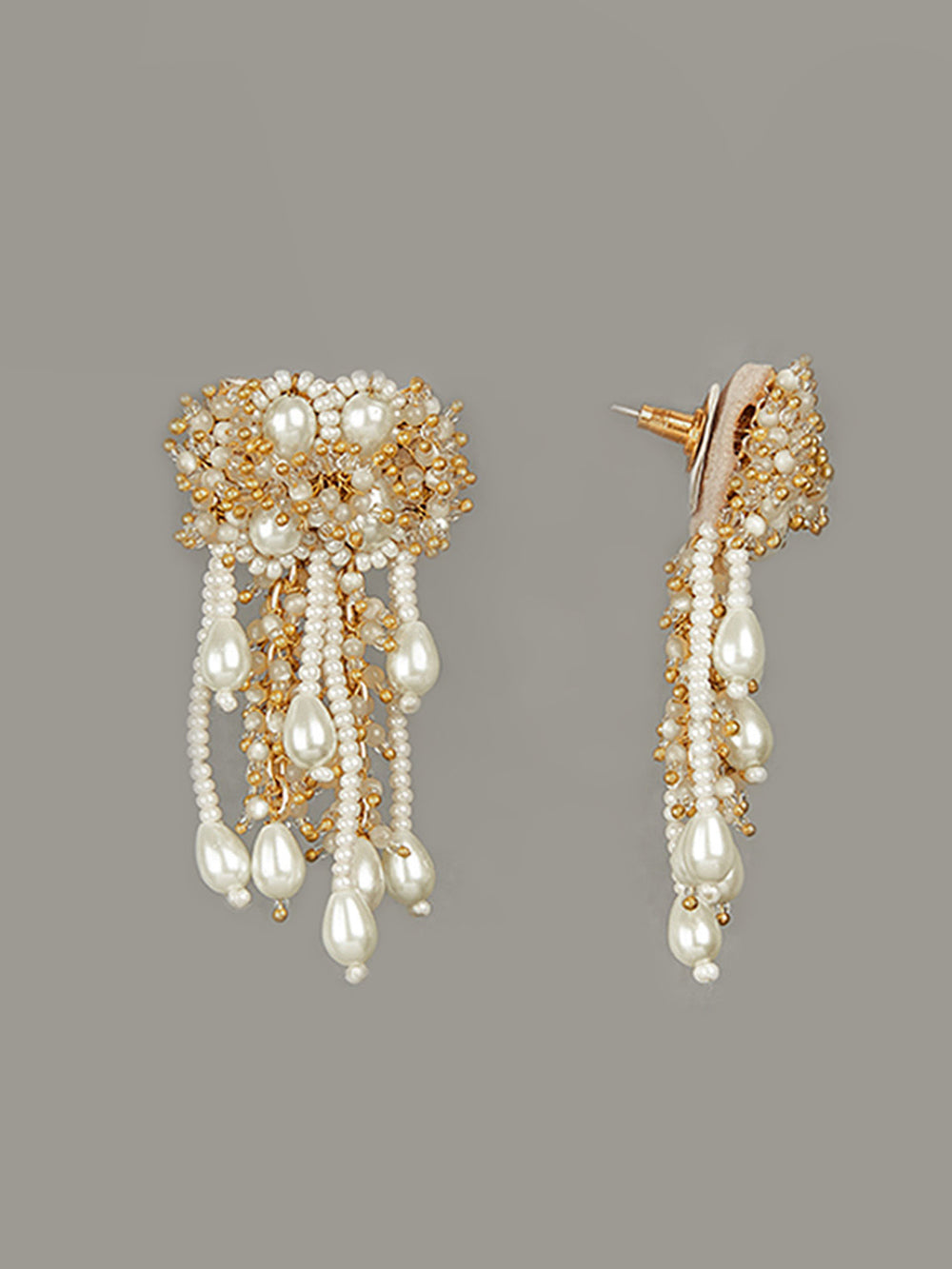Amama,Pearl White Studs Handcrafted On Golden Metal Base