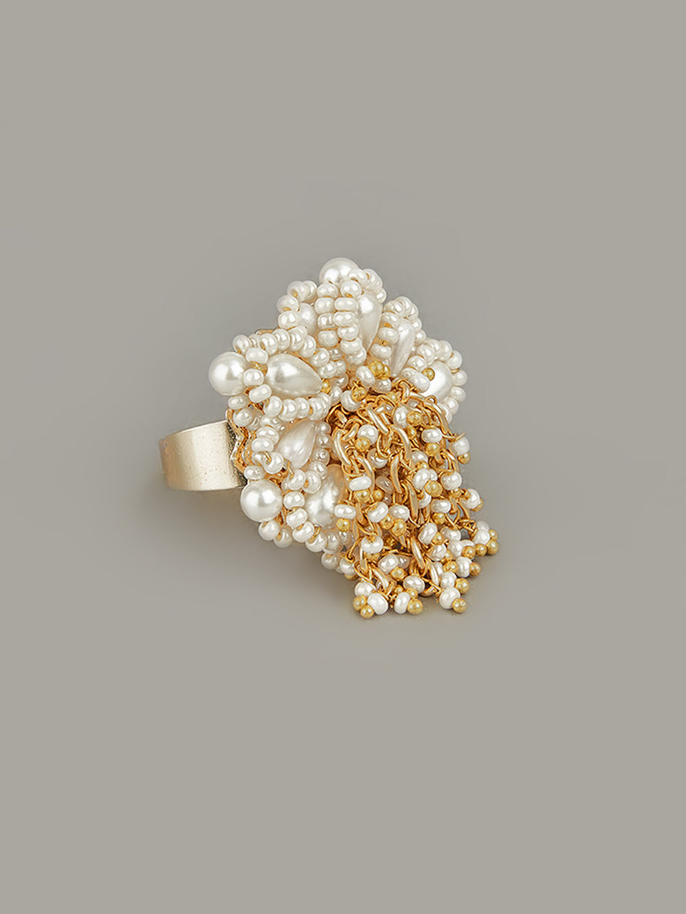 Amama,Designer White Pearls And Golden Hoops Finger Ring