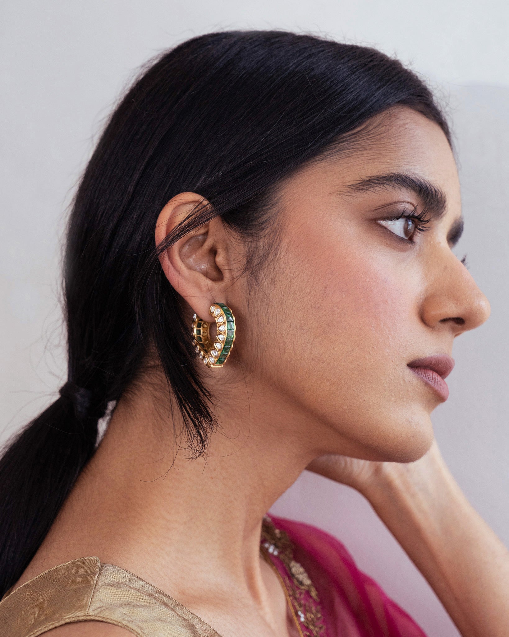 Emerald Green Kundan Hoops