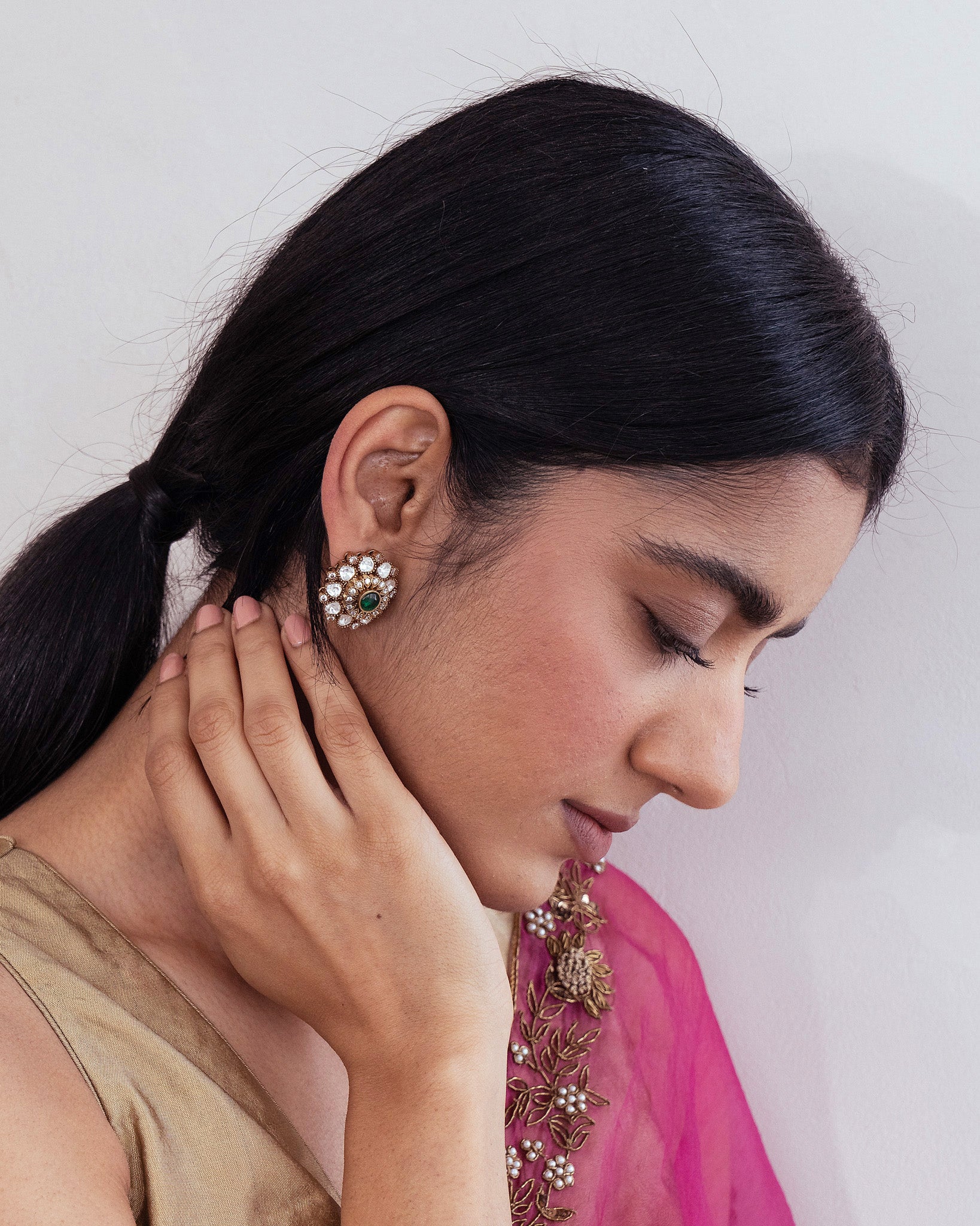 Emerald Gold Kundan Studs