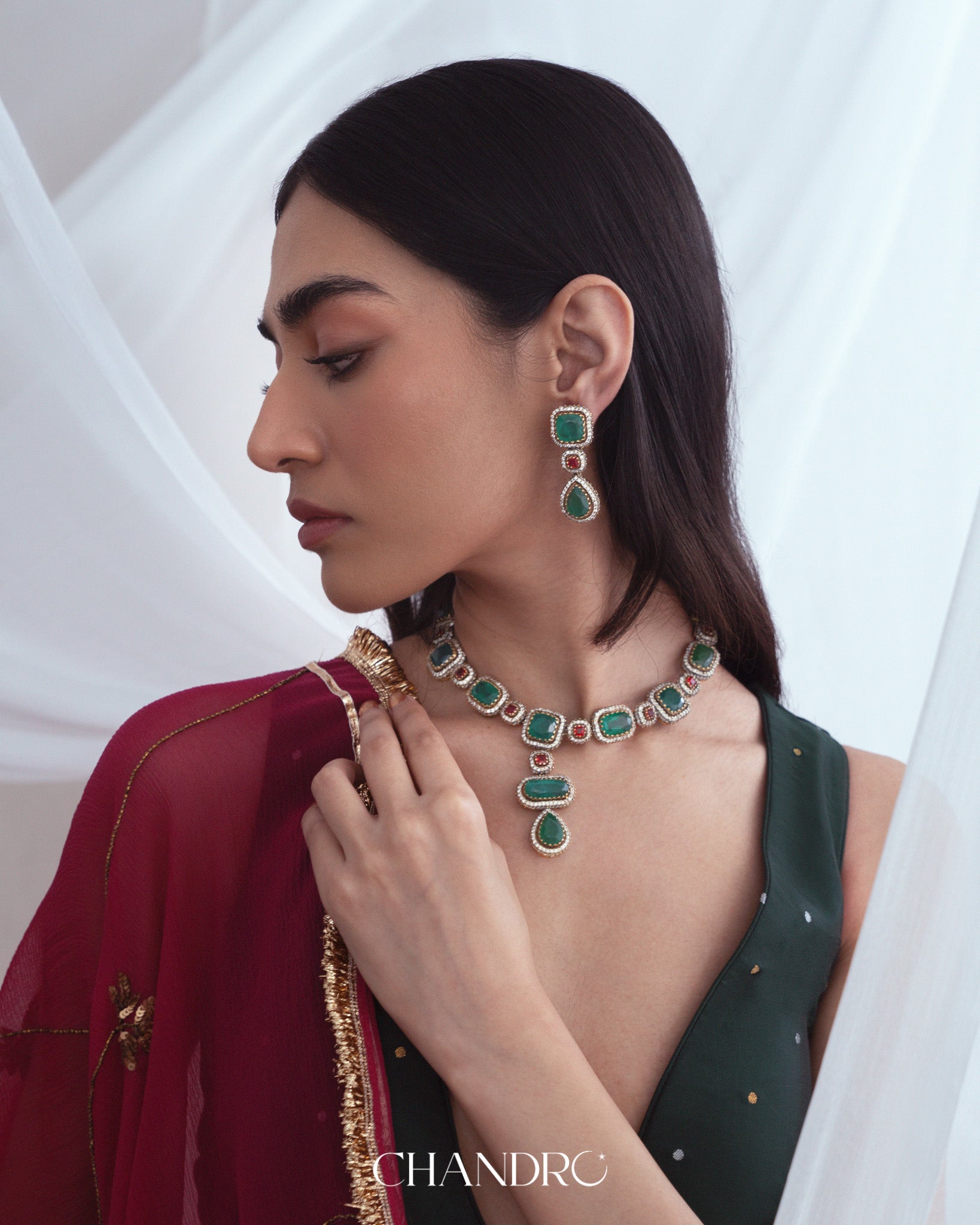 Emerald 925 Silver Moissanite Gold Plated Necklace Set