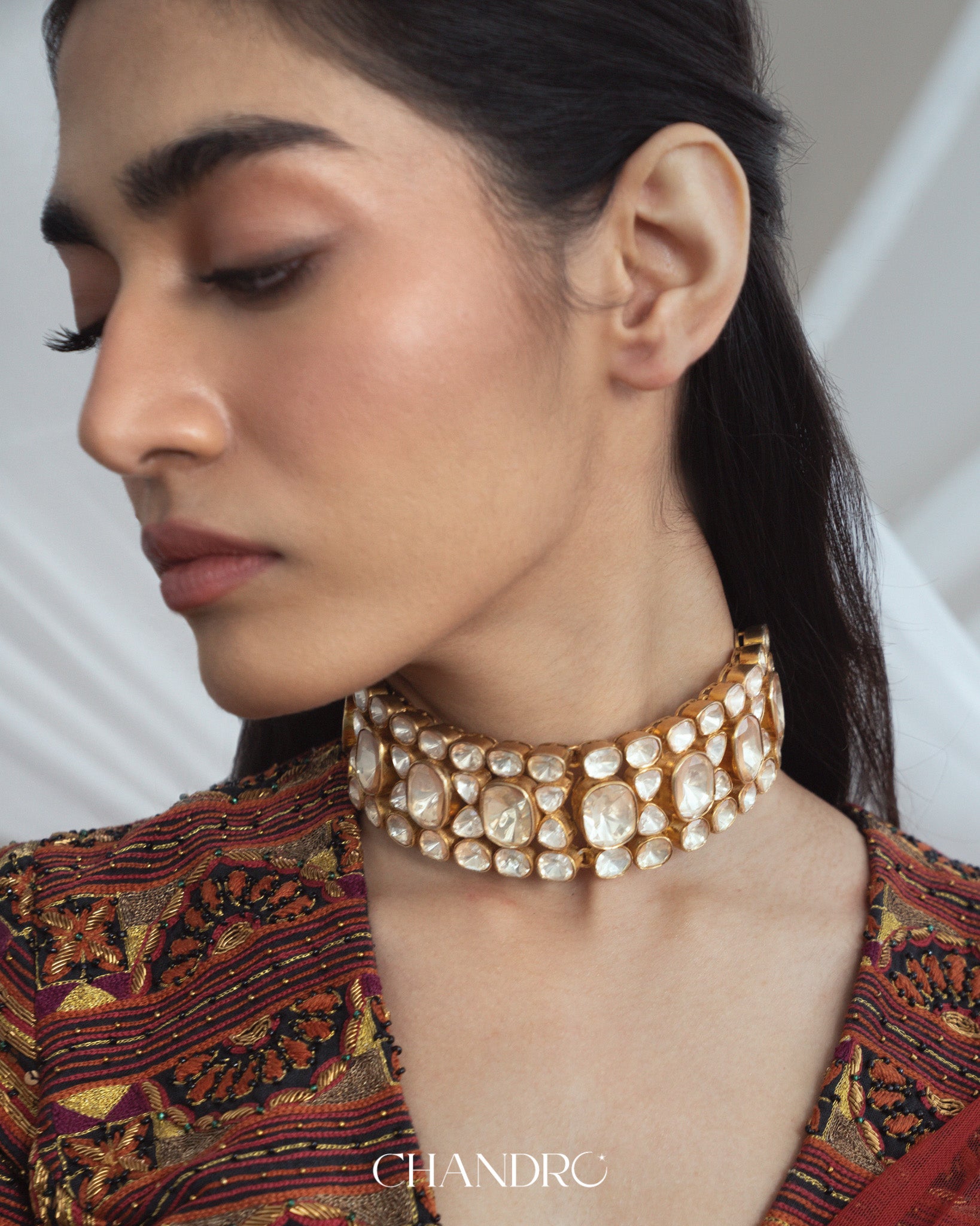 925 Silver Moissanite Gold Plated Necklace in Antique Finish