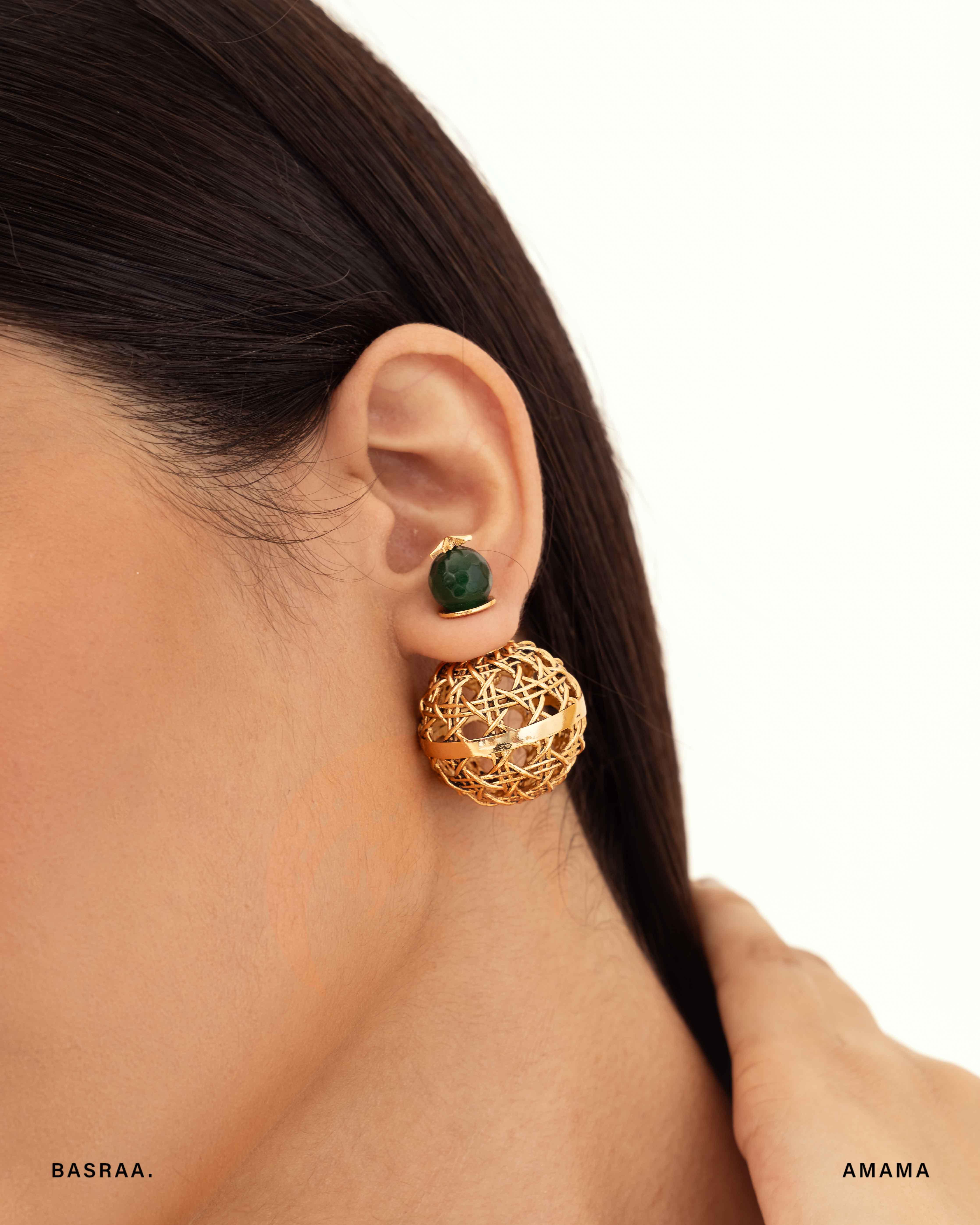 Rattan Front-Back Earrings in Green