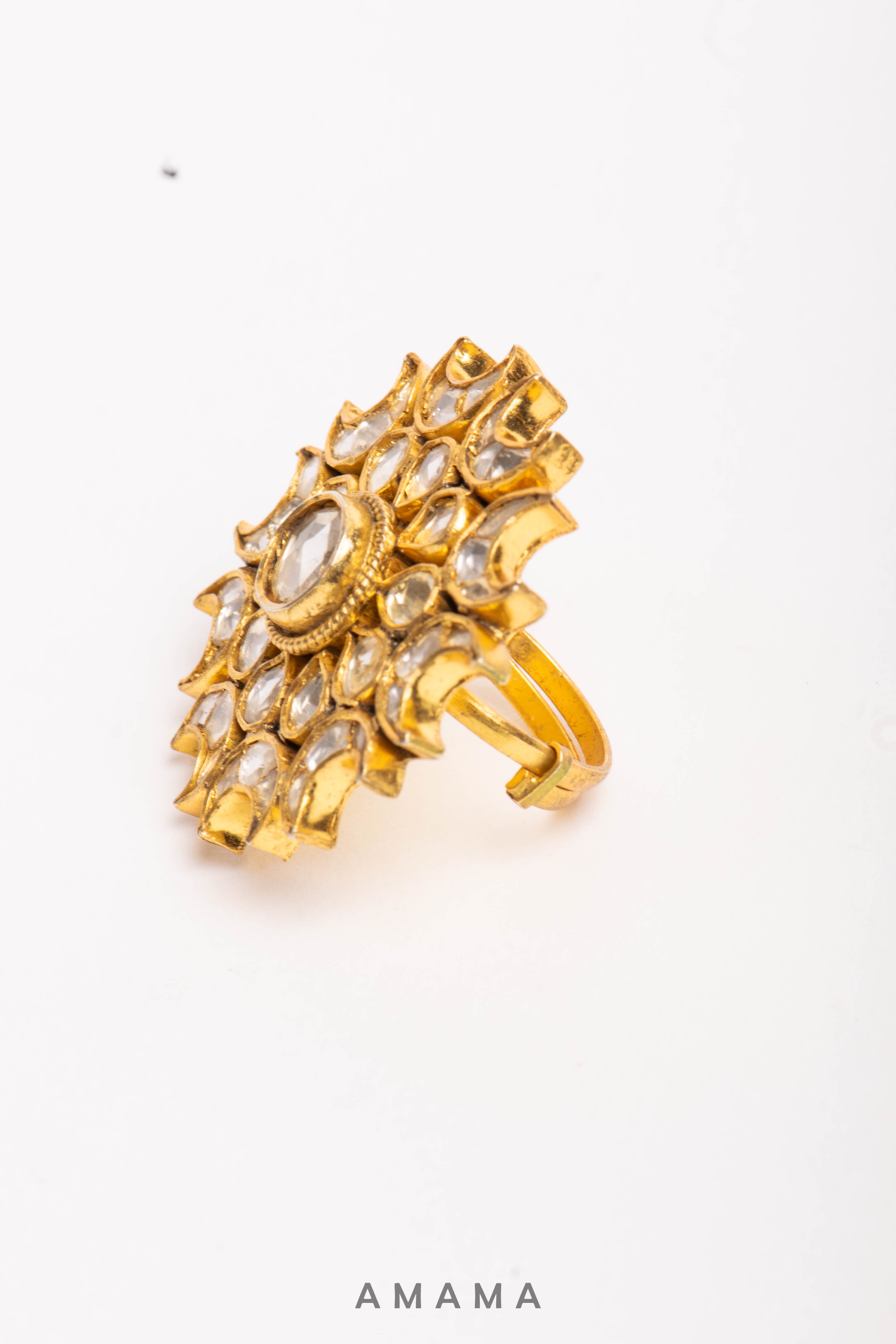 Amama,Festive Kundan Gold Polish Silver Moon Ring