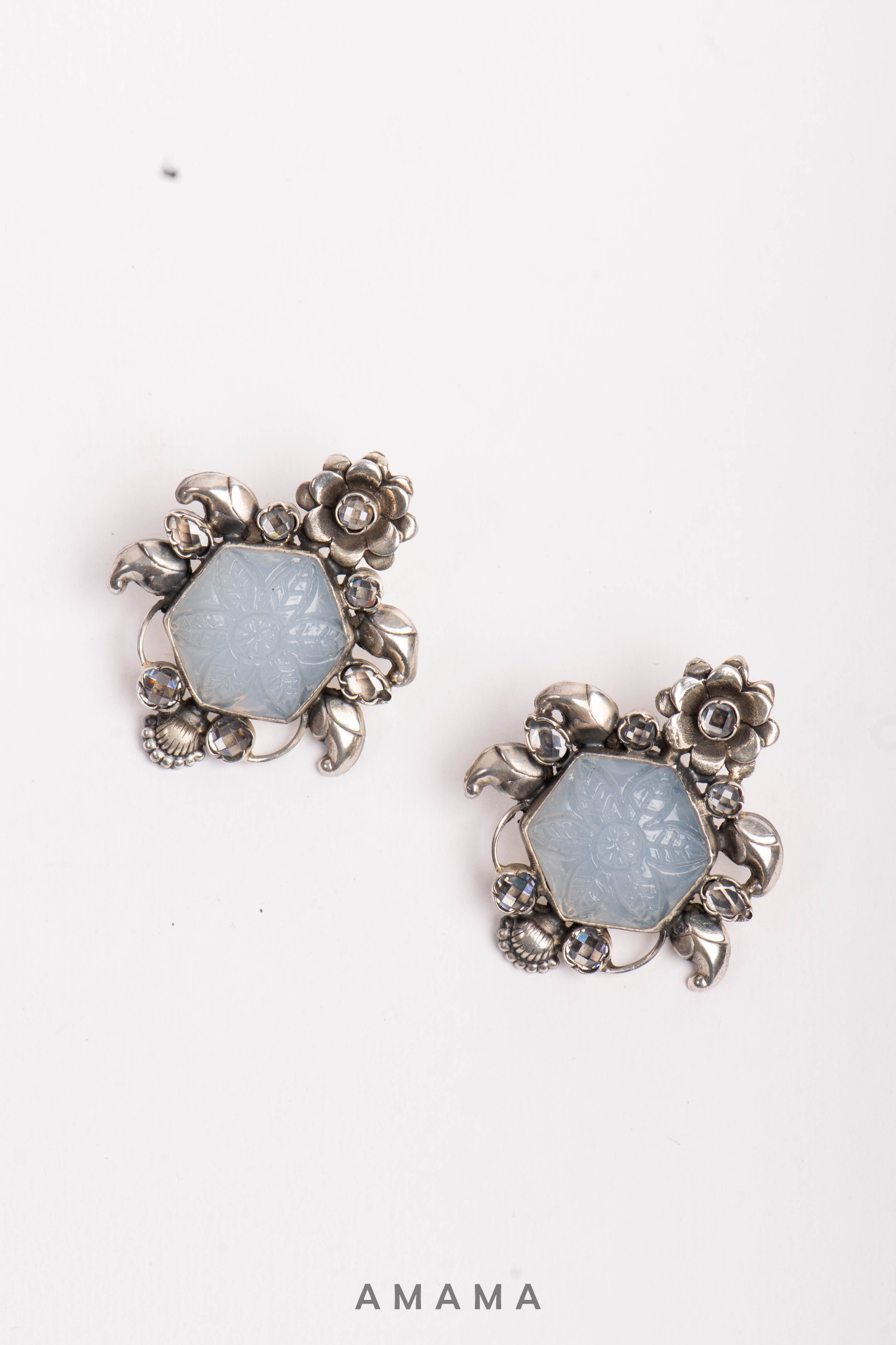 Amama,Ira Carved Flower Silver Studs