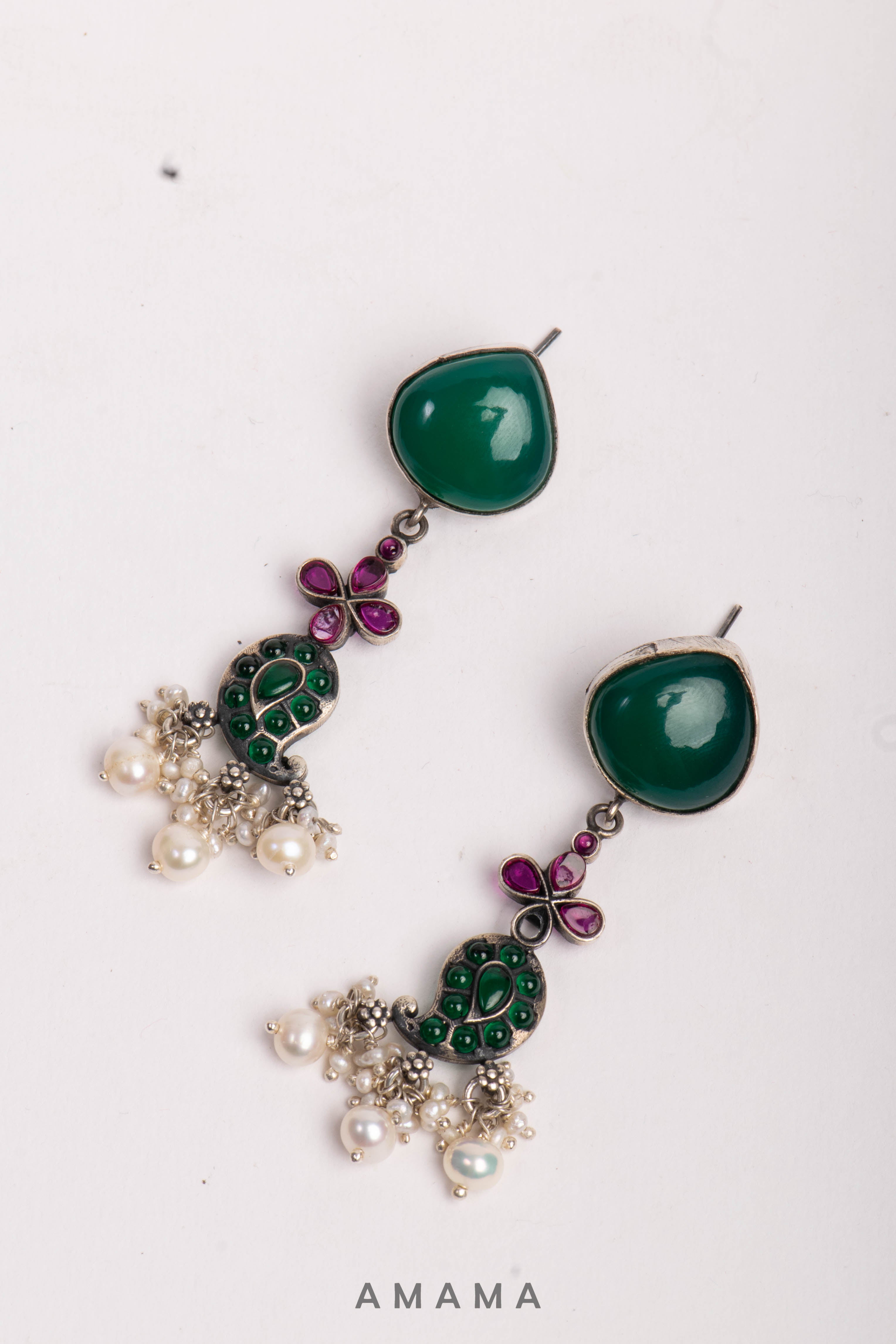 Amama,Nrityam Paisley Green Stone Silver Neckpiece & Earrings Set