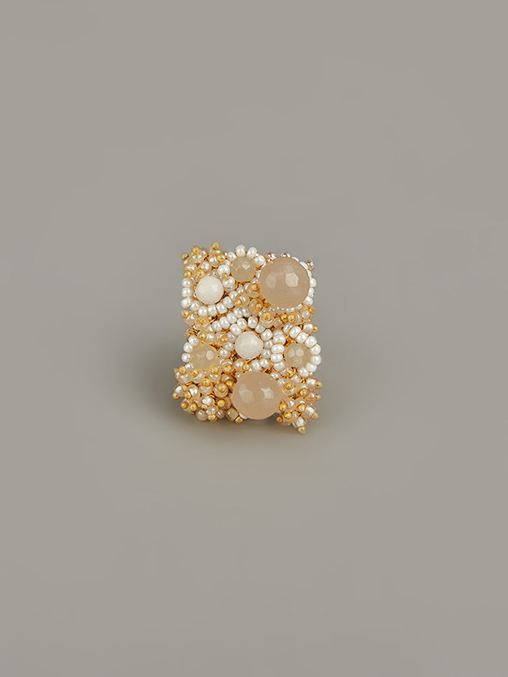Amama,Handcrafted Stone Studded Beige & Gold Ring
