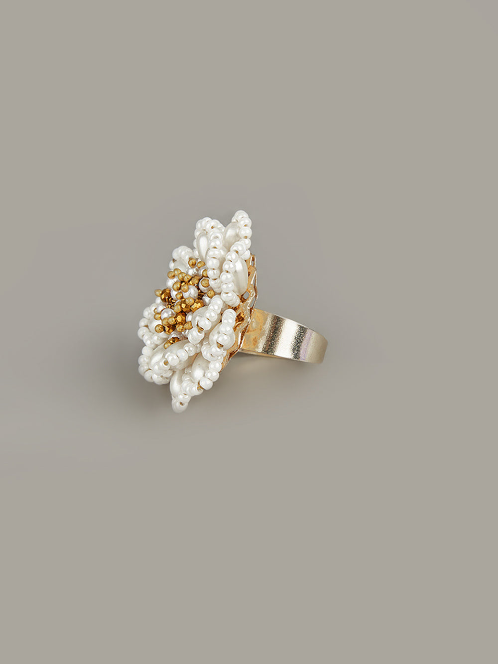 Amama,Designer White Stone Studded Flower Finger Ring