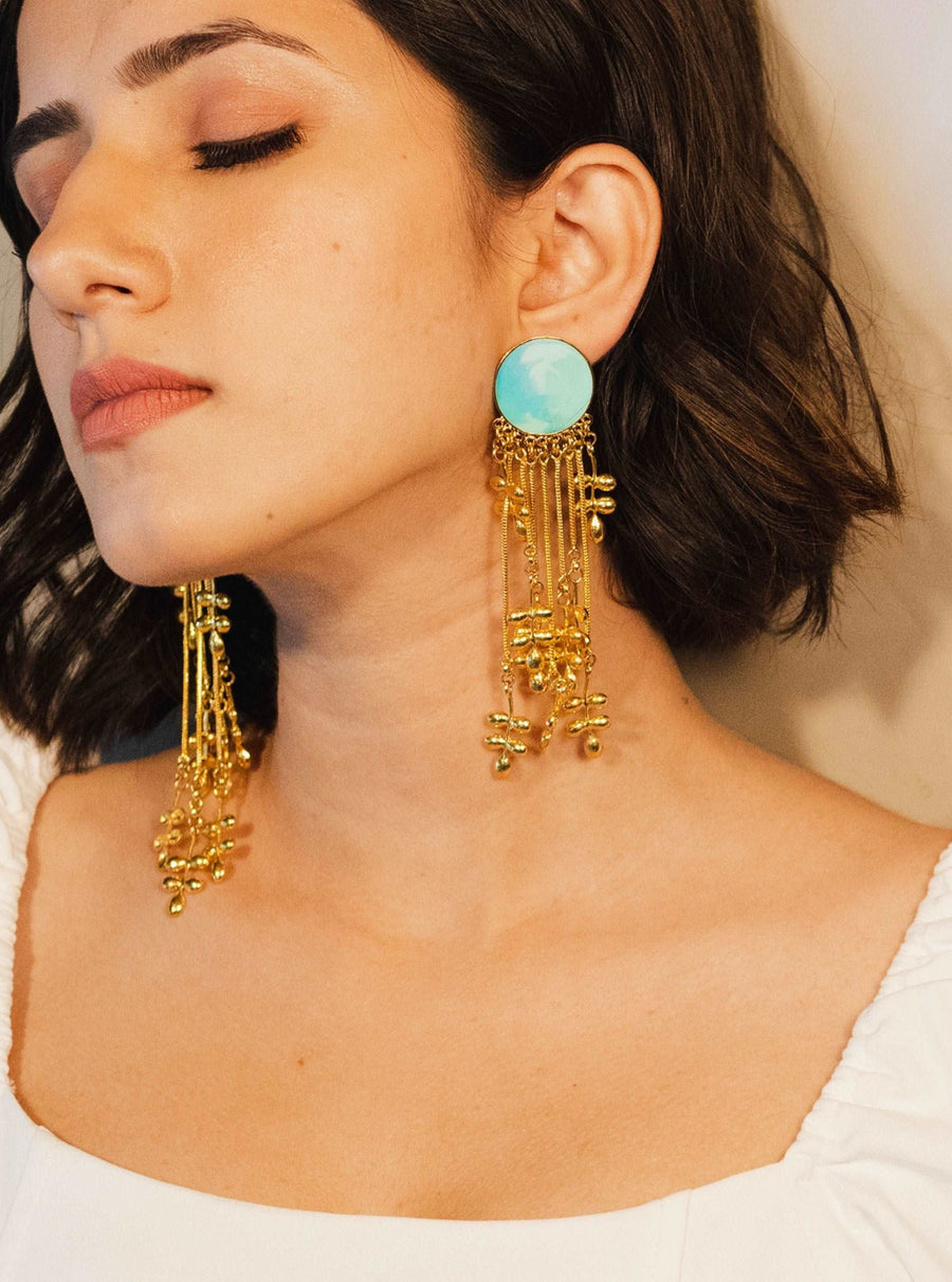 Blue Golden Waterfall Earrings